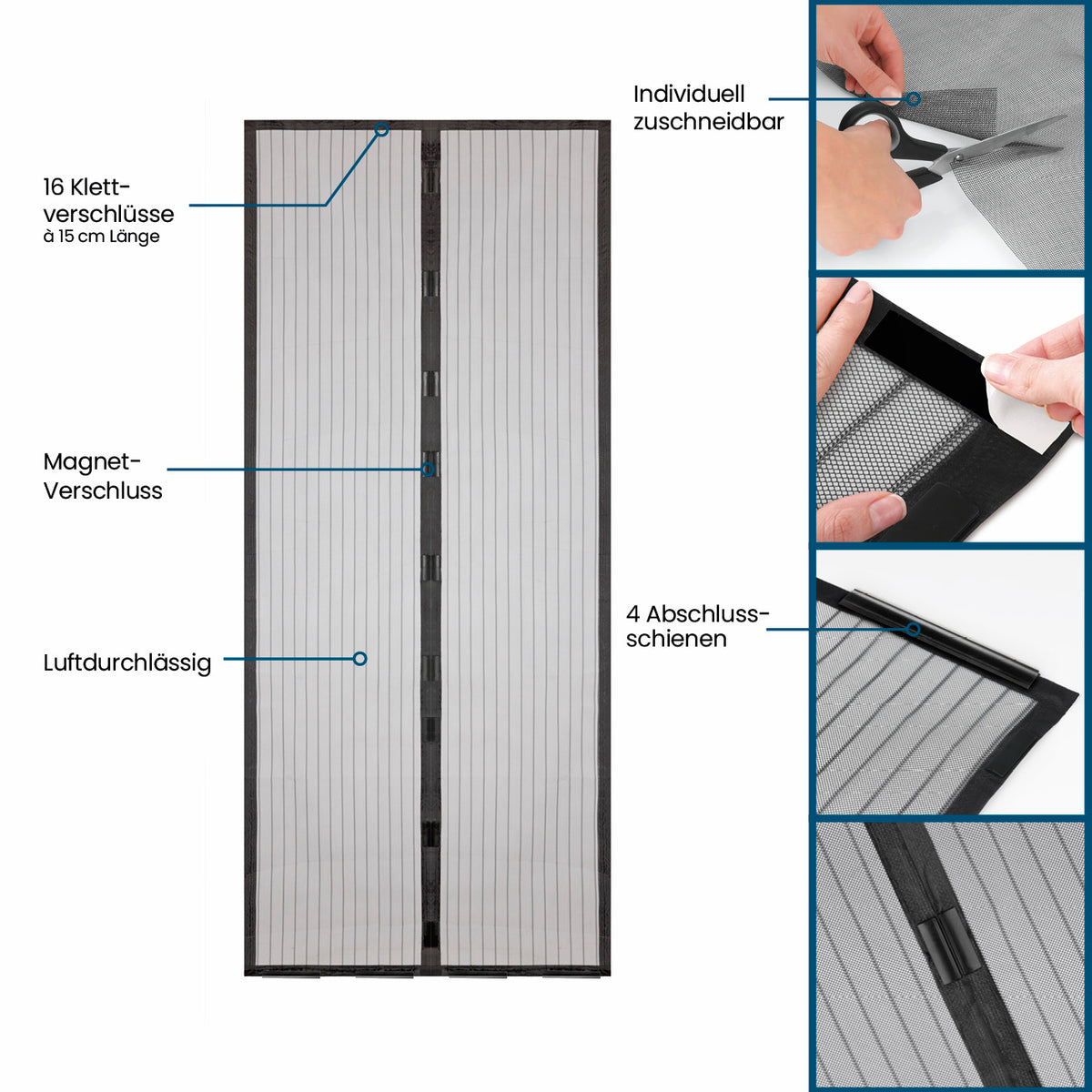 Tür-Insektenschutz 100 x 210 cm mit Magnetverschluss, selbstklebenden Klettverschlüssen, zuschneidbar und luftdurchlässig in Anthrazit.