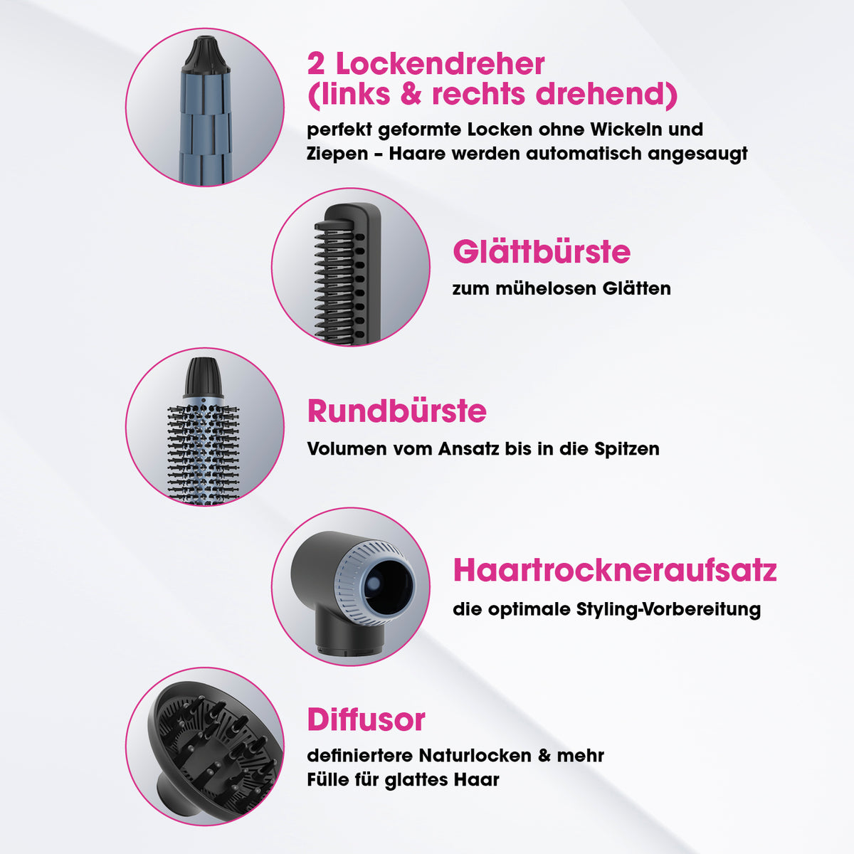 Air Styler Plus - 7-tlg. Styling-Set mit 2 Lockendrehern, Glättbürste, Rundbürste, Haartrockner- und Diffusoraufsatz.
