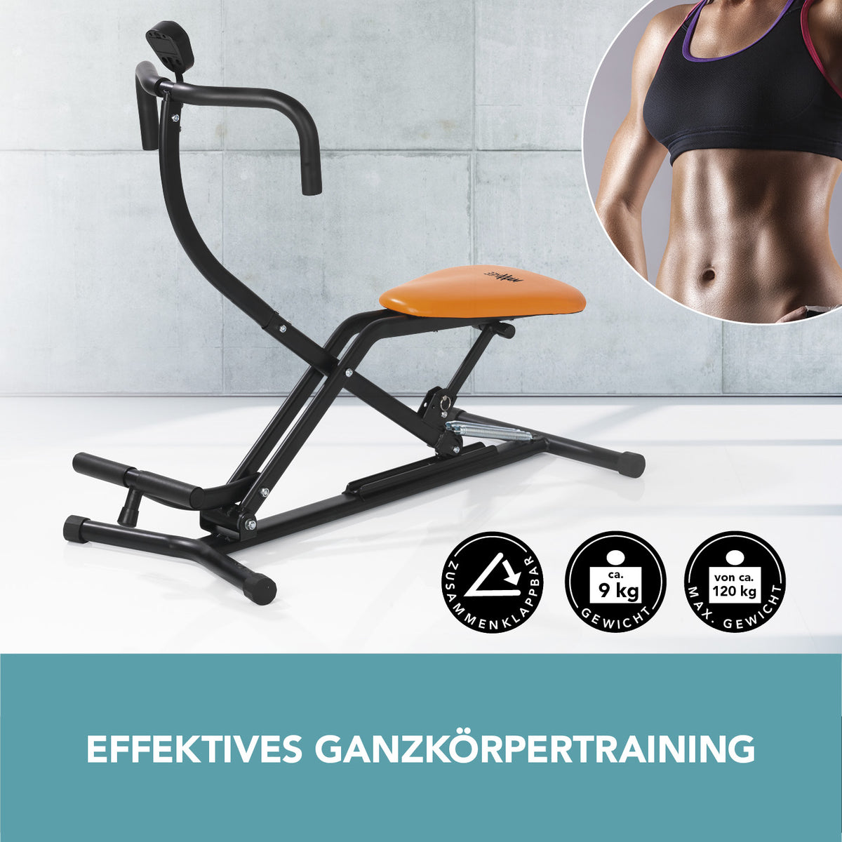 Trainingsgerät Crunch & Glide, klappbar, mit digitaler Anzeige für effektives Ganzkörpertraining und Kräftigung verschiedener Muskelgruppen.