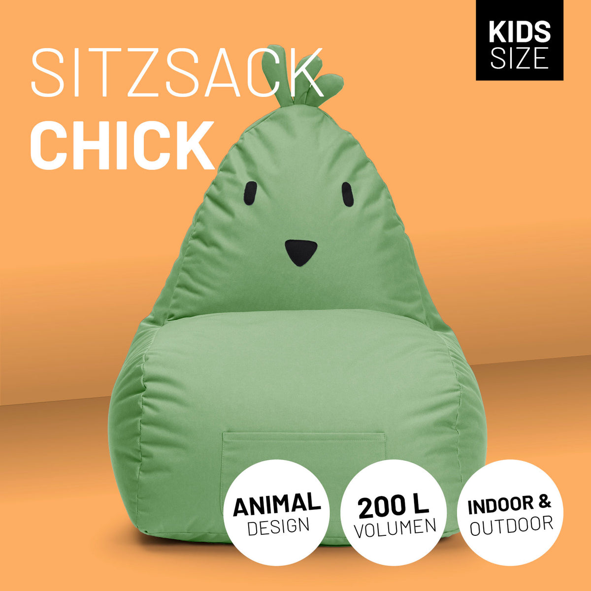 Kindersitzsack Animal Line Chick (200 L) in Pastell Grün, wasserabweisend, kuschelig, indoor & outdoor, robust und leicht abwischbar.