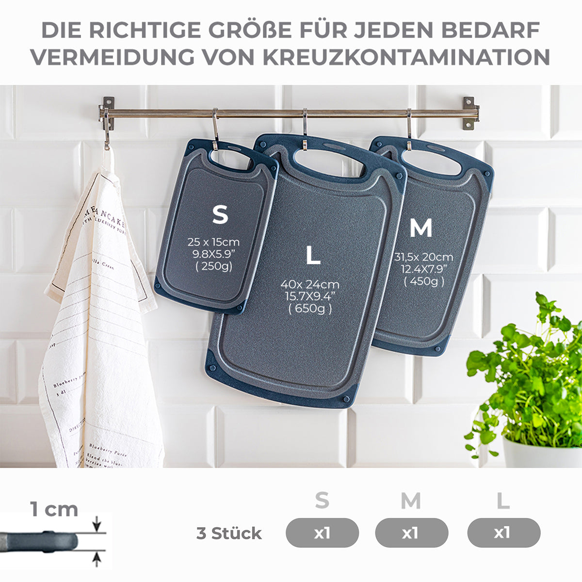 Schneidebrett - 3er-Set - Grau mit rutschfesten Kunststoffbrettern in drei Größen für hygienisches Schneiden und Servieren.