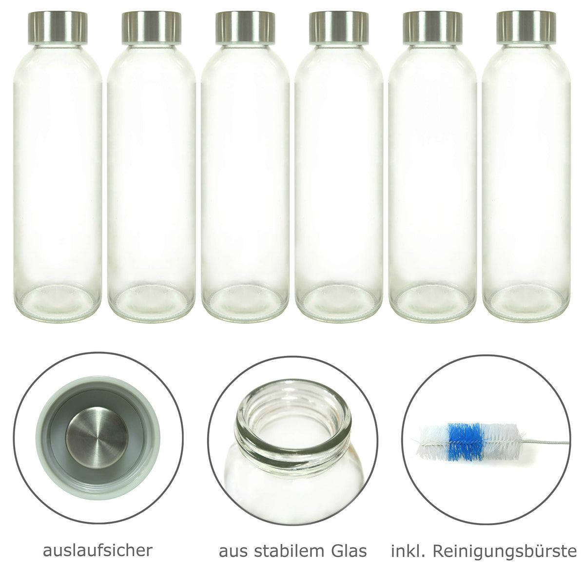 Glasflaschen-Set - 6 Stück à 500 ml, stabile Kalk-Natron-Glasflaschen mit Edelstahldeckel und Reinigungsbürste, auslaufsicher und robust.
