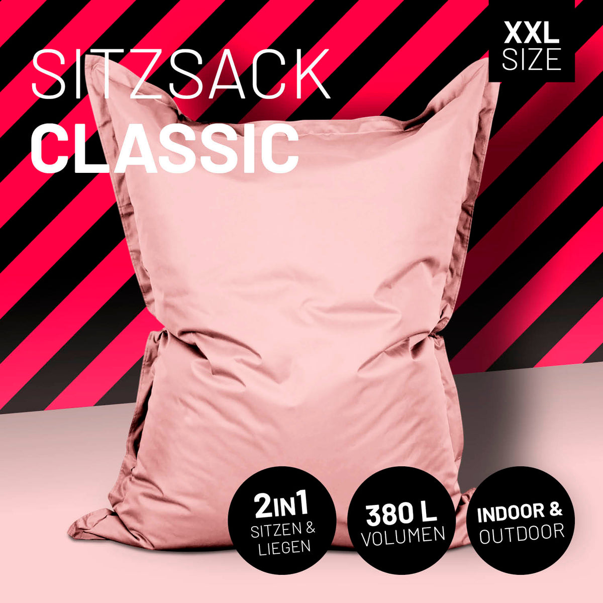 Sitzsack Classic XXL (380 L) - indoor & outdoor in Pastell Pink, groß, bequem, pflegeleicht, vielseitig für Sitzen und Liegen.