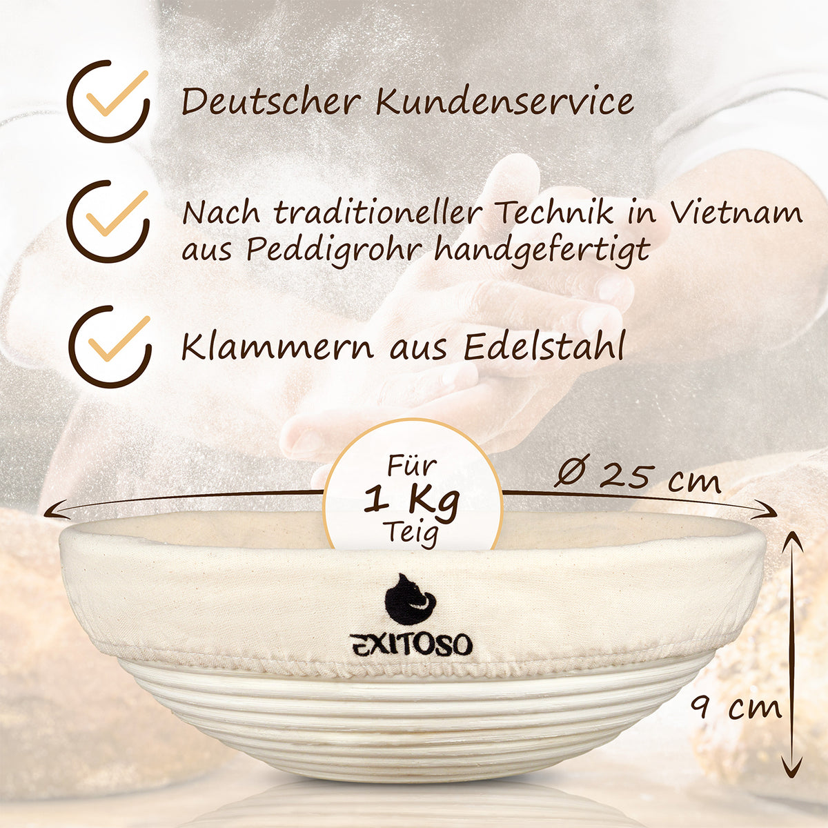 Gärkörbchen zum Brotbacken - Ø 25cm aus handgefertigtem Pedigrohr mit Leineneinsatz, ideal für 1 kg Teig und frisches Brot.