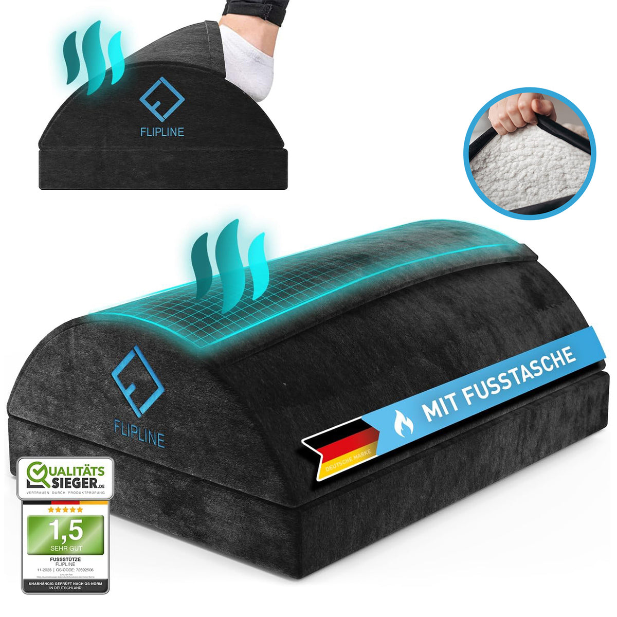 Schreibtisch-Fußstütze mit Fußtasche - Schwarz, ergonomisch, höhenverstellbar, mit samtigem Bezug für warme und entspannte Füße.