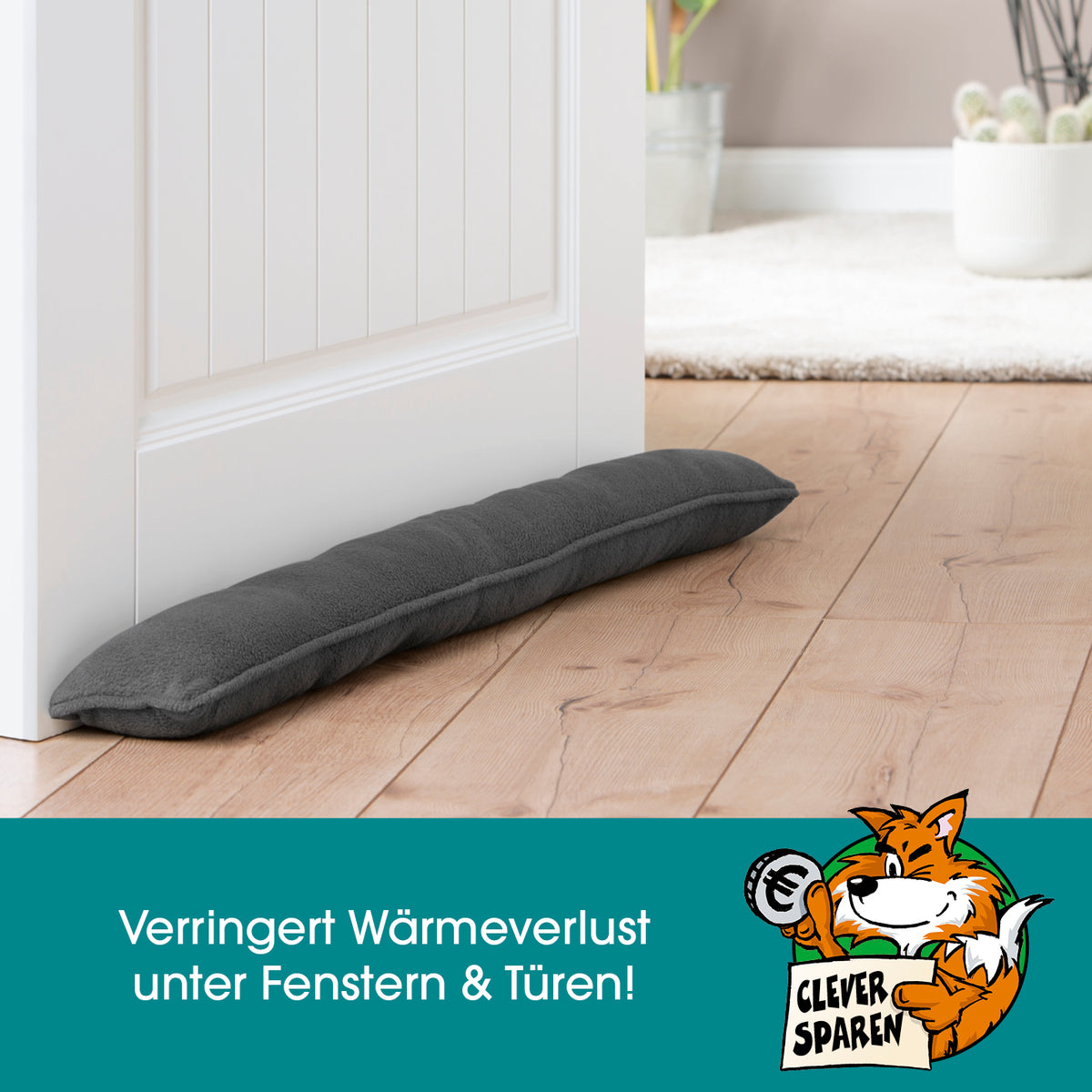 Zugluftstopper 10 x 90 cm Grau verhindert Zugluft und Wärmeverlust unter Türen und Fenstern mit waschbarem Bezug.