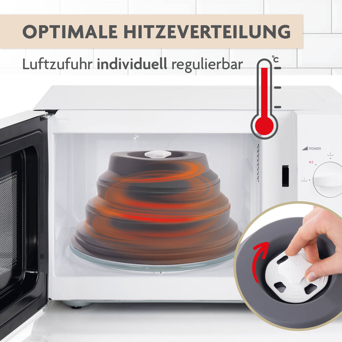 Faltbare Mikrowellenhaube mit Magnet für optimale Hitzeverteilung und individuell regulierbare Luftzufuhr in der Mikrowelle.