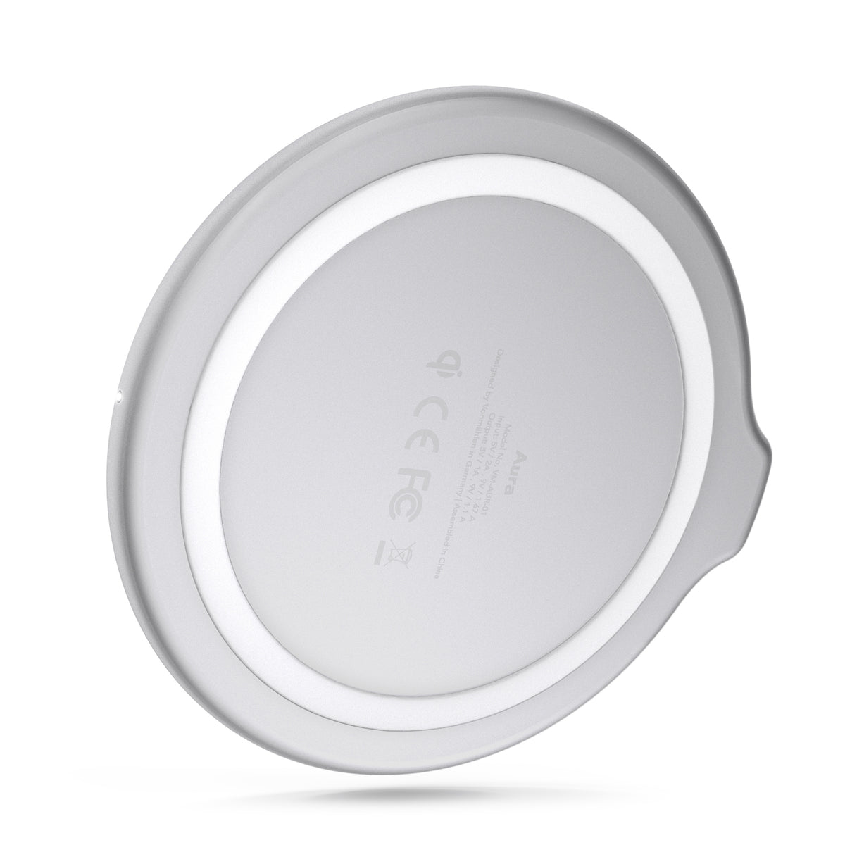 Wireless Ladegerät Aura lite 15W in Silber mit automatischer Fremdkörpererkennung und Schutzfunktionen für kabelloses Laden.