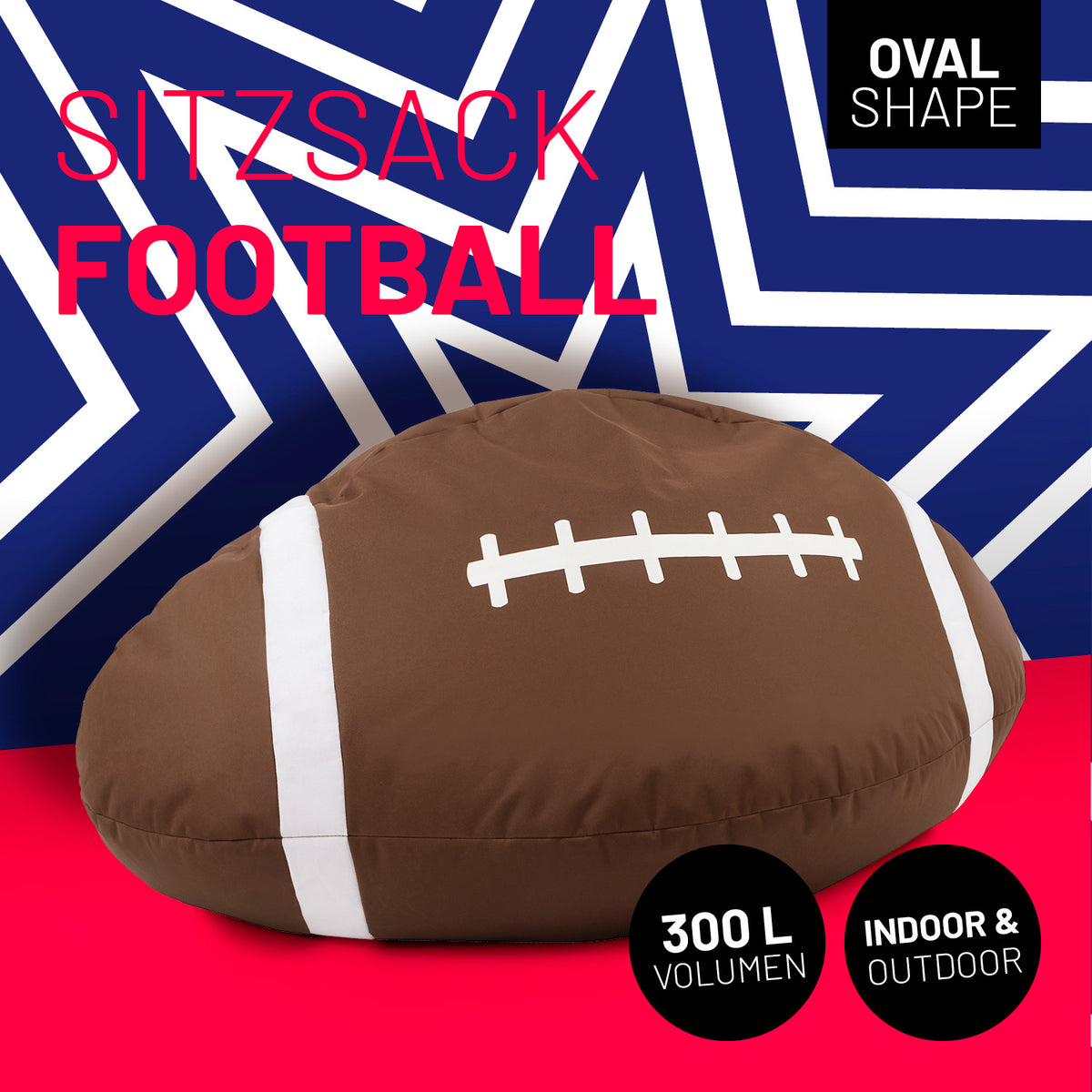 Football-Sitzsack (300 L) – ovaler Sitzsack, indoor & outdoor, langlebig, leicht, mit hochwertiger EPS-Füllung und verdecktem Reißverschluss.