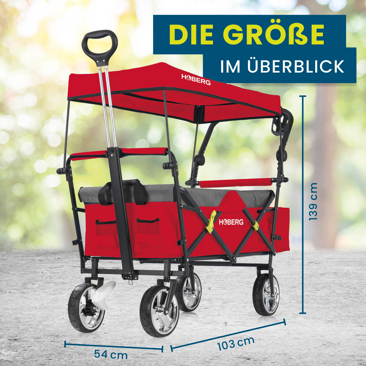 Faltbarer Bollerwagen - Rot mit stabilem Gestell, wasserfestem Dach, 360°-Rädern und praktischem Griff, Maße 139x54x103 cm.