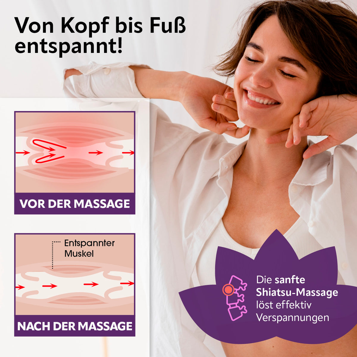 Frau entspannt mit Shiatsu-Massagegerät, Darstellung Muskelentspannung vor und nach der Massage mit sanfter Wärmefunktion