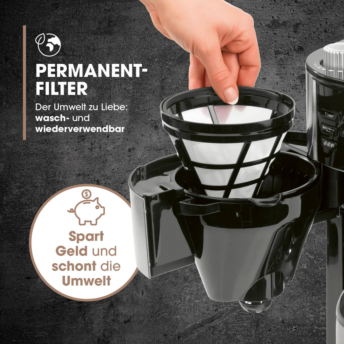 Kaffeemaschine mit Mahlwerk mit Isolierkanne - 1000 Watt Edelstahl/schwarz mit waschbarem Permanentfilter für Umweltschutz und Geldersparnis.