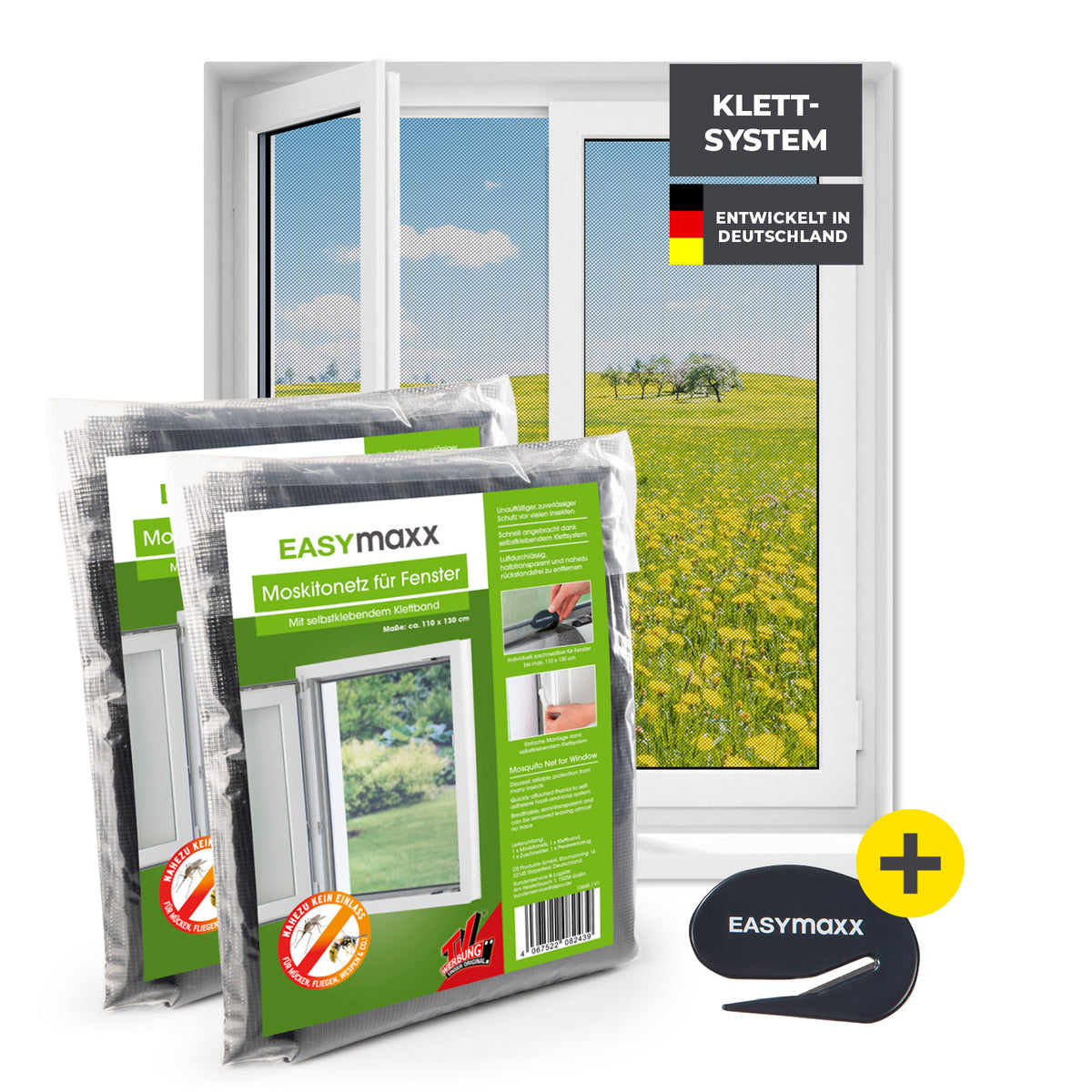 Moskitonetz für Fenster mit selbstklebendem Klettband - 2er-Set - 110 x 130 cm - Schwarz, einfach zu montieren ohne Bohren.