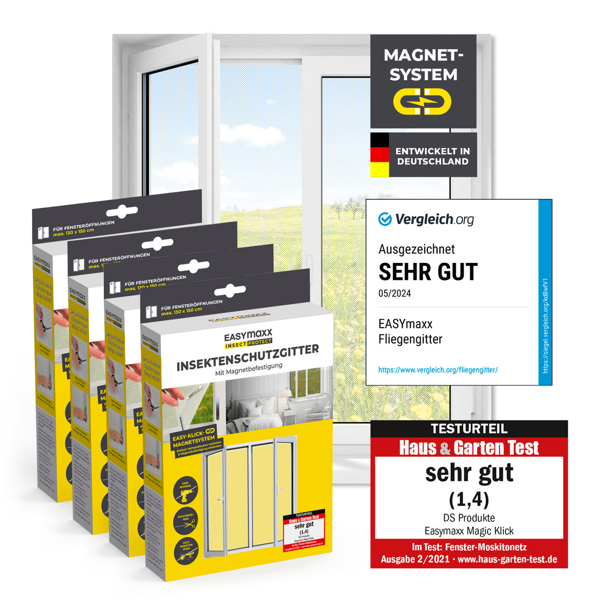 Insektenschutzgitter mit Magnetbefestigung - 4er-Set, weiß, mit starkem Magnet-System, einfach montierbar, für Fenster bis 130 x 150 cm.