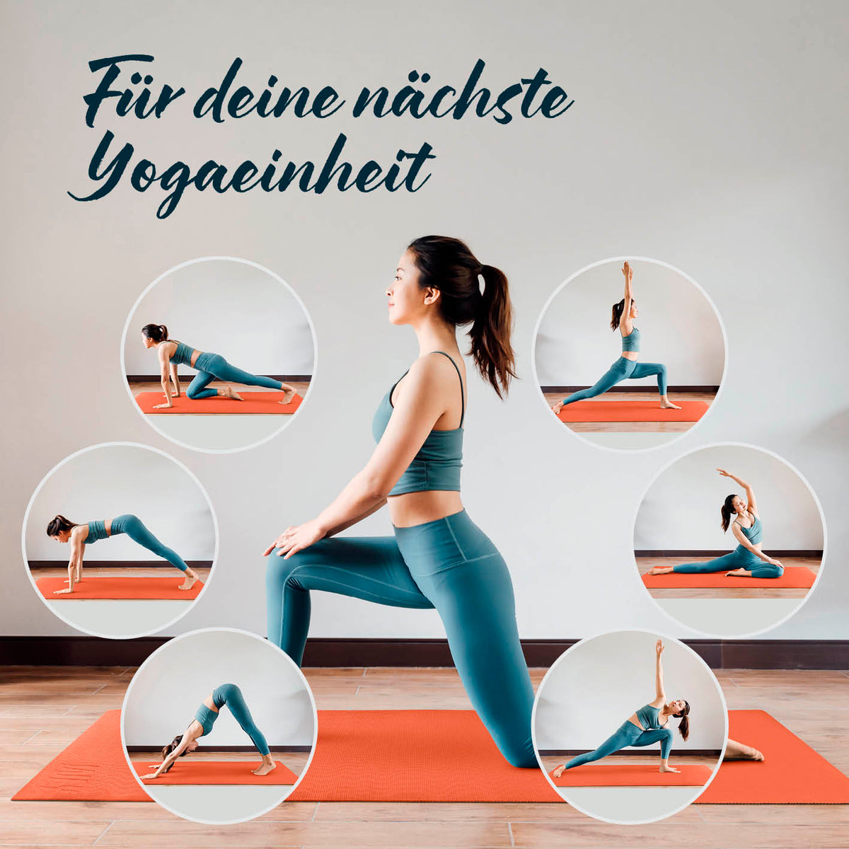 Frau macht Yoga auf der Yogamatte Kirana - 183 x 61 x 0,4 cm - Orange, weich, rutschfest und langlebig.