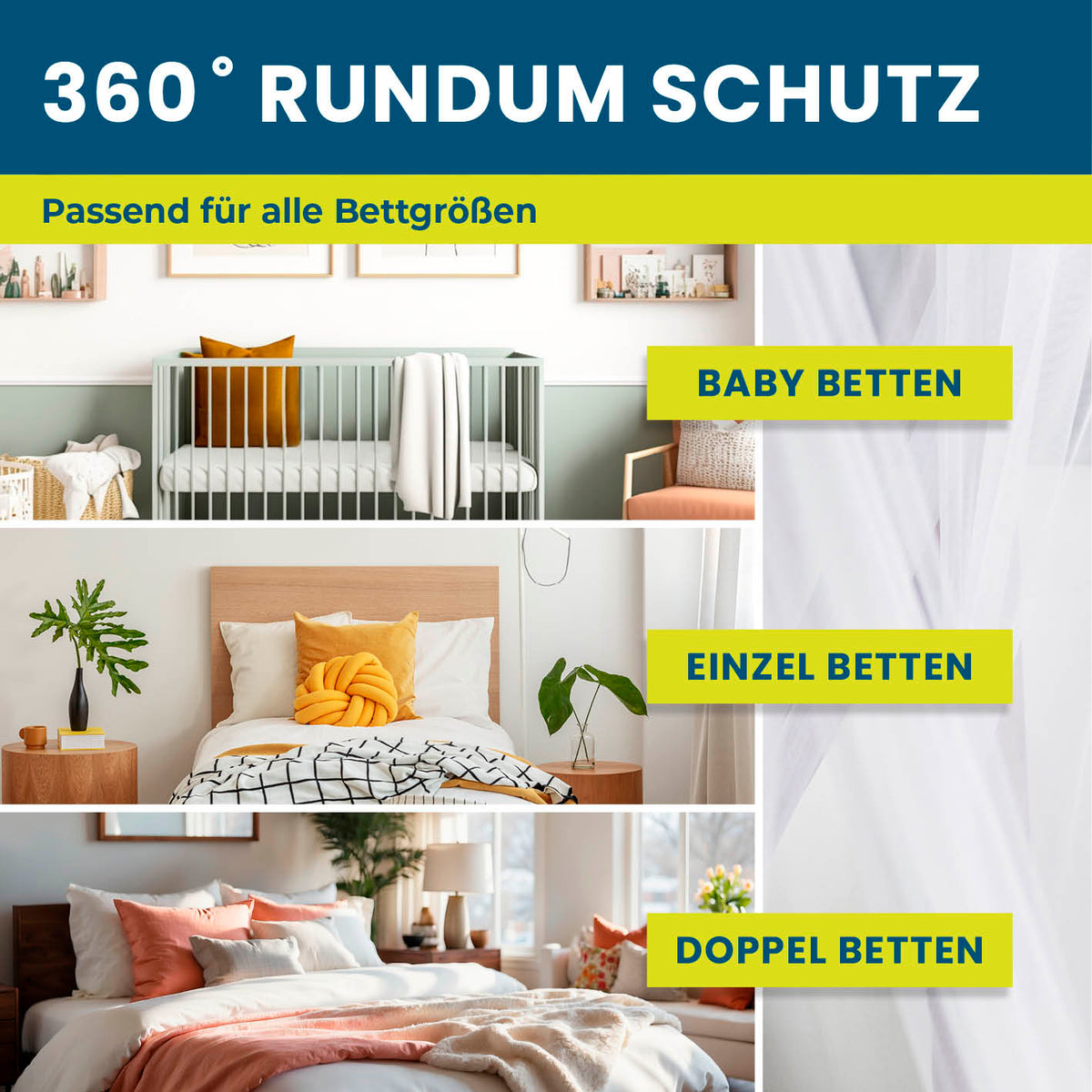 Insekten-Baldachin groß für Baby-, Einzel- und Doppelbetten, flexibler Moskitoschutz mit 360° Rundumschutz von HOBERG.