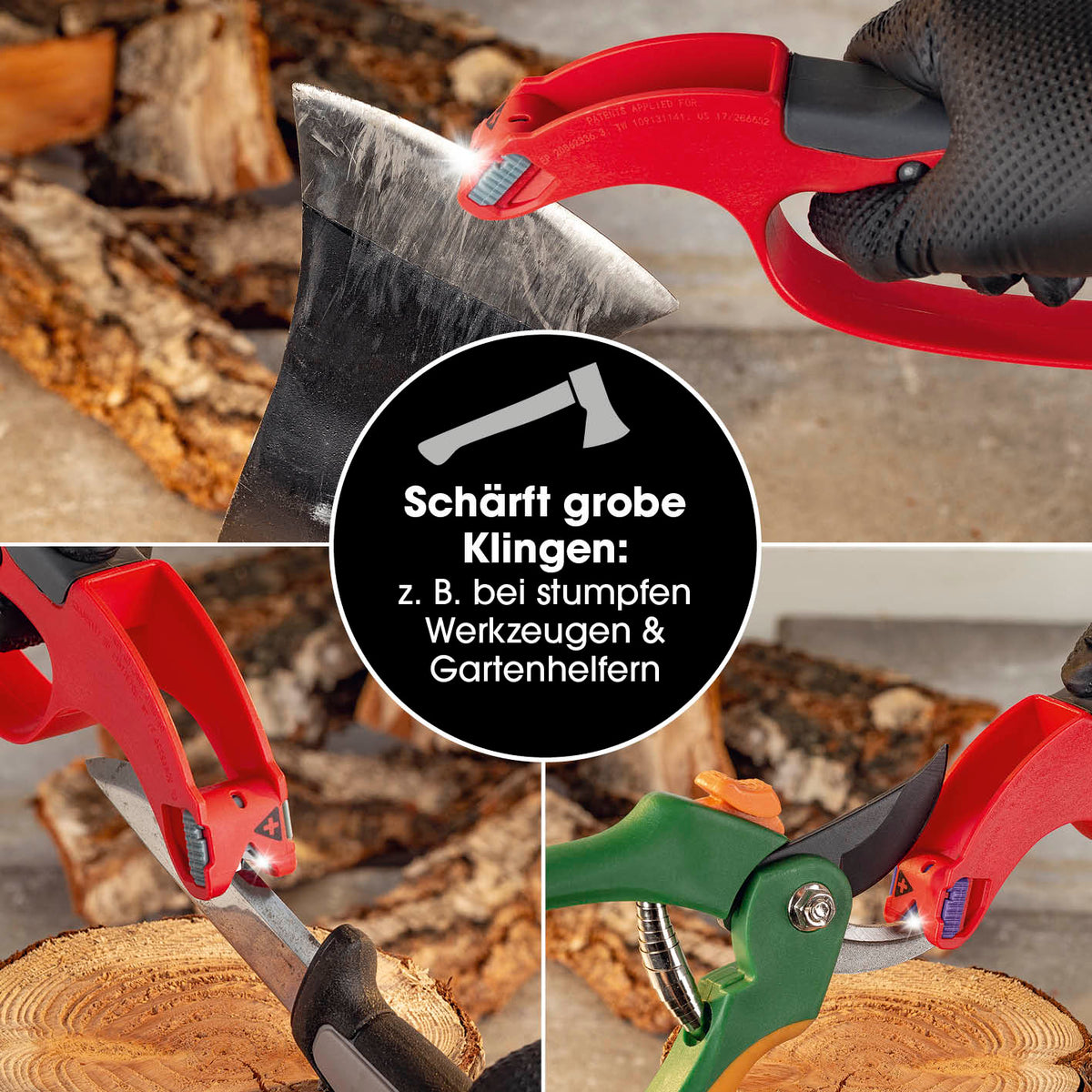 Klingenschärfer und Schärfeinsätze - für Messer, Werkzeug, Gartengeräte mit 6 Einsätzen und Keramik-Entgrater.
