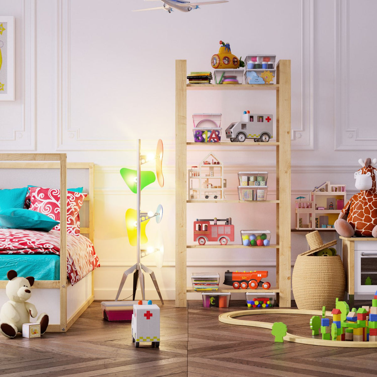 Kinderzimmer mit Holzregal, Bett, bunter Lampe und vielen Spielsachen wie Krankenwagen und Bauklötzen.