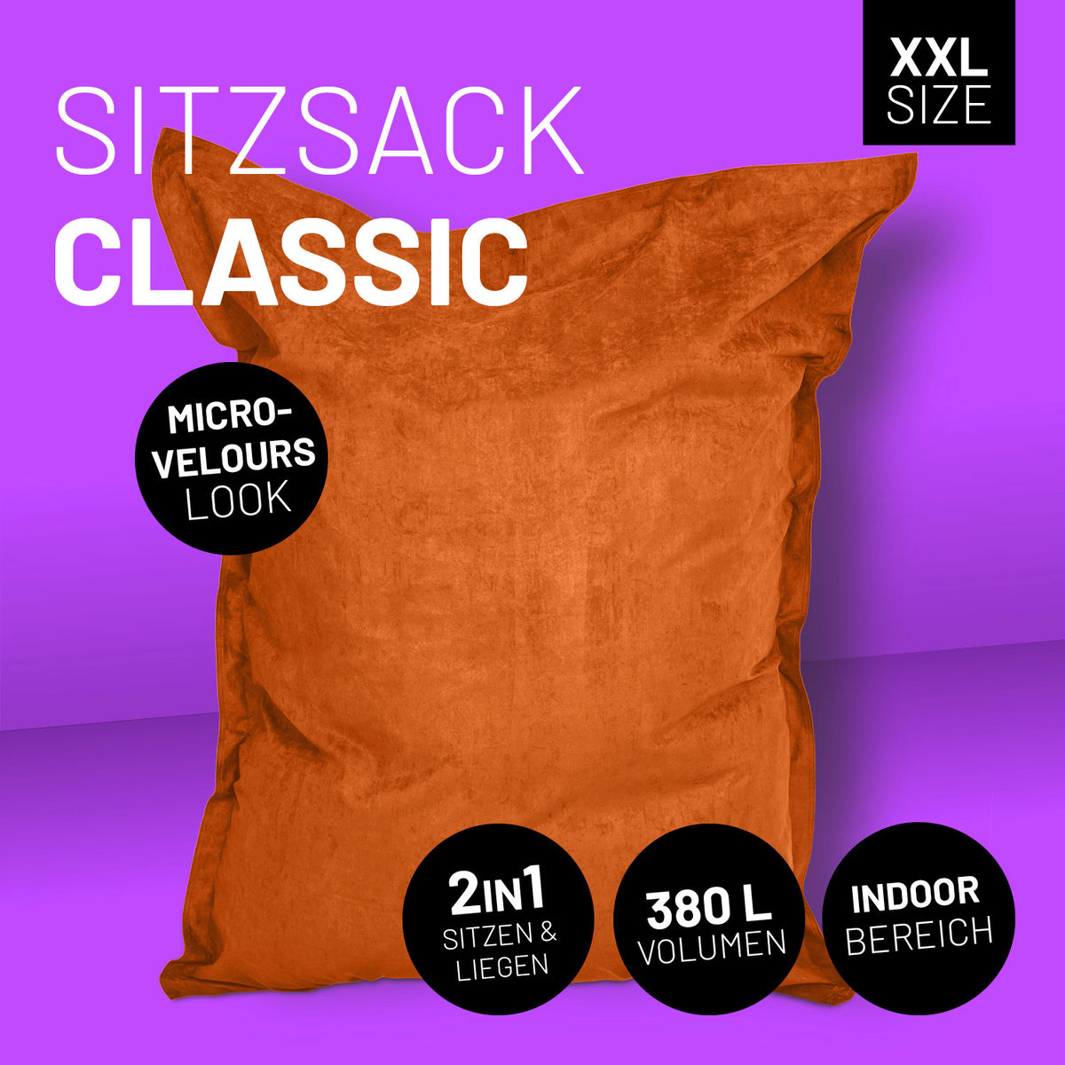 XXL Microvelours Sitzsack (380 L) in Orange, wasserfest, abziehbarer Bezug, bequem für Wohnzimmer und Kinderzimmer, Indoor Nutzung.