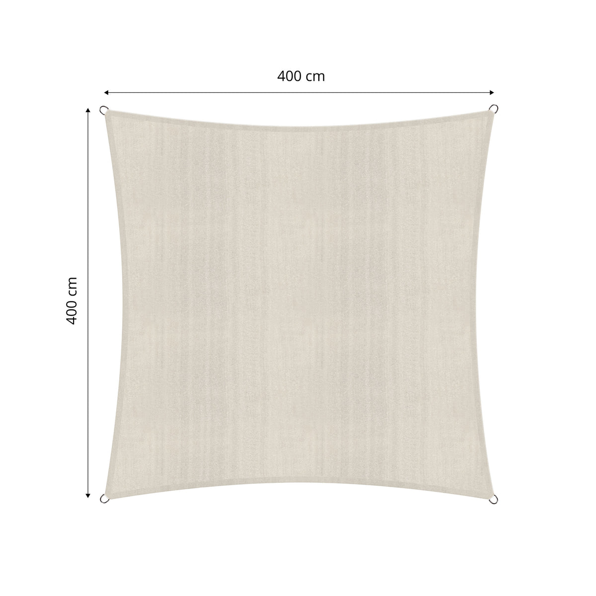 Sonnensegel 100% HDPE mit Stabilisator für UV-Schutz Quadrat 4 x 4 Meter Creme mit Maßen und Befestigungsringen sichtbar