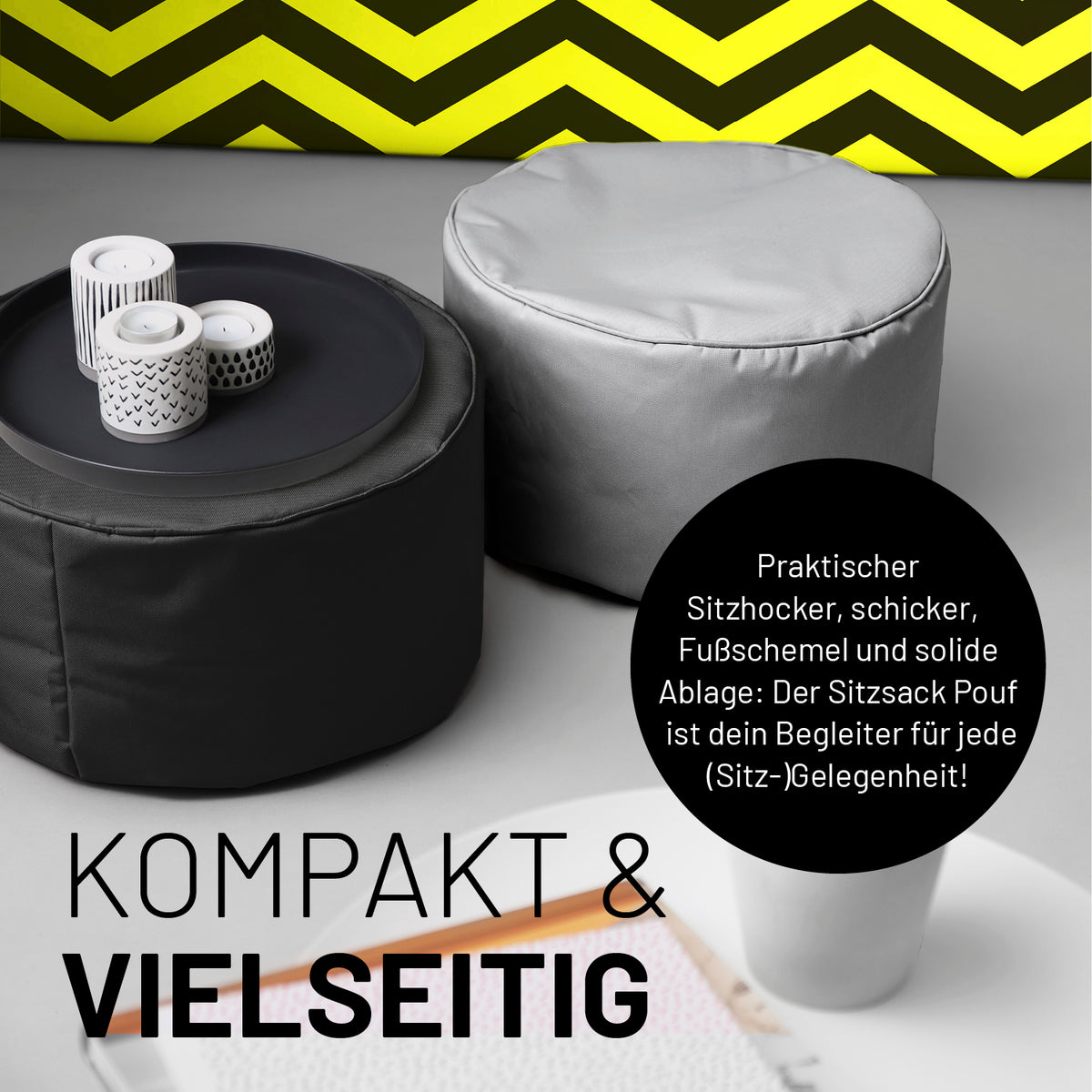 Sitzsack-Hocker/Pouf (50 L) Schwarz als praktischer Sitzhocker, Ablage und Fußschemel für indoor & outdoor, leicht und langlebig.