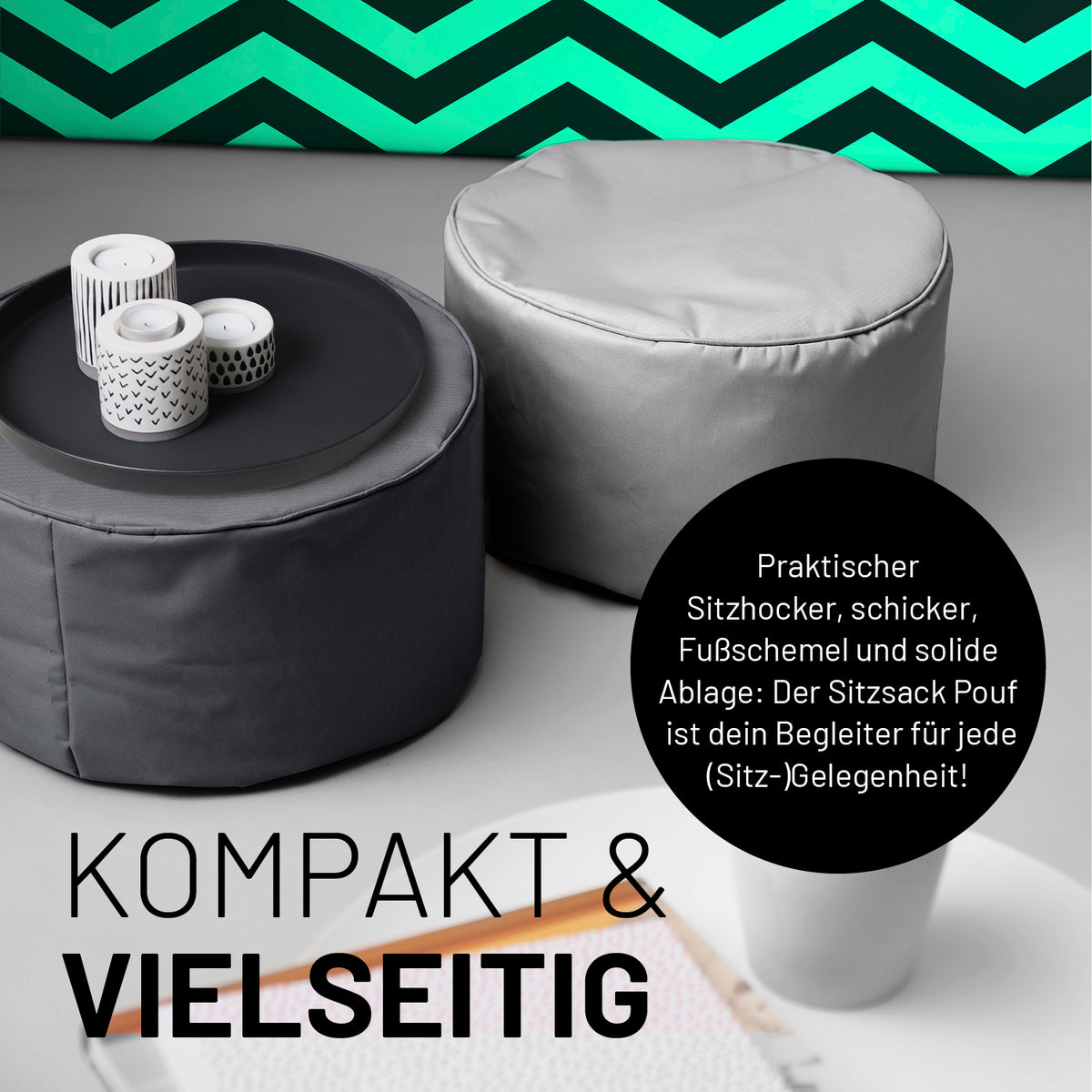 Sitzsack-Hocker/Pouf (50 L) in Stahlgrau, multifunktional als Sitzhocker, Ablage und Fußschemel für innen und außen.