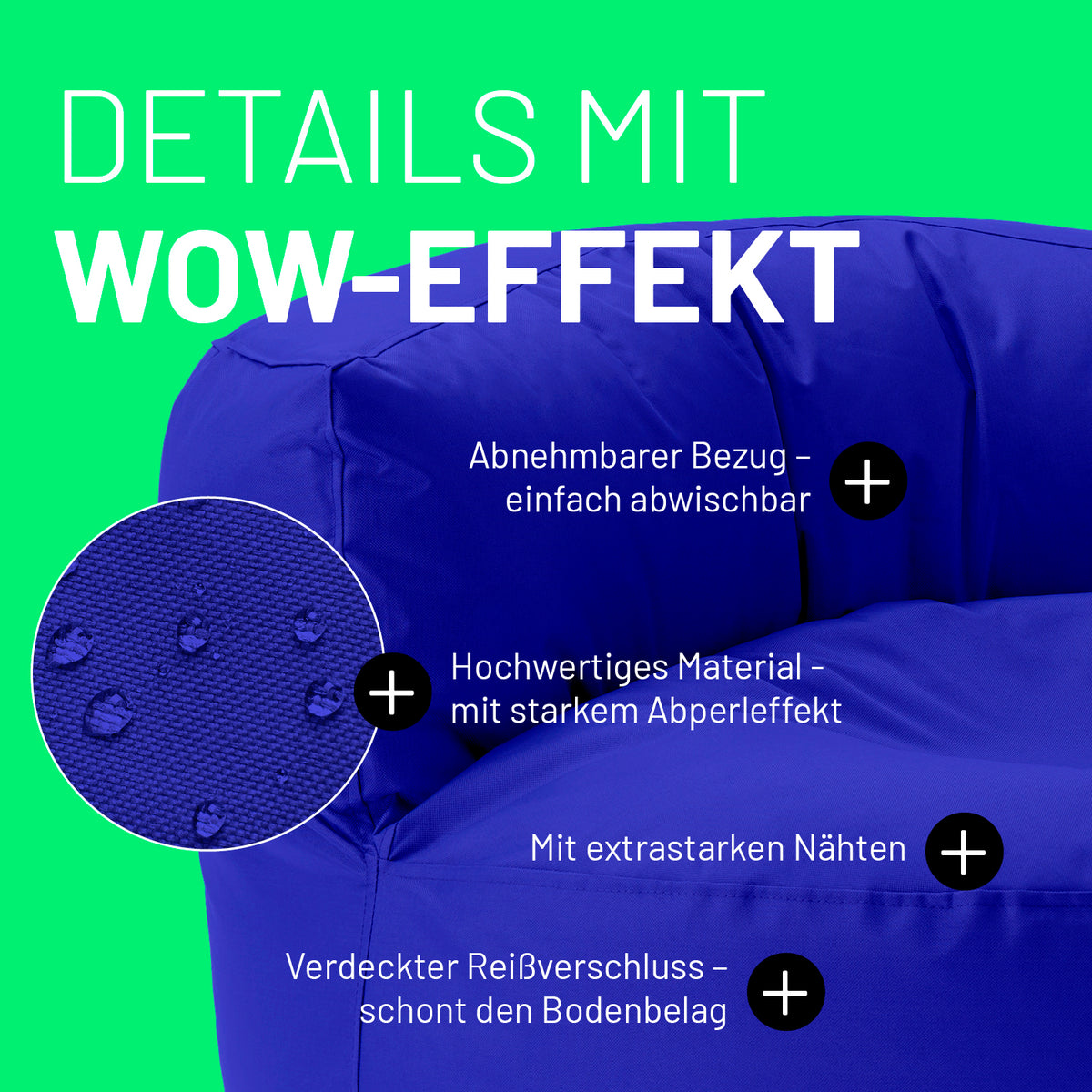 Sitzsack Lounge (320 L) in Royalblau mit abnehmbarem Bezug, starkem Abperleffekt, extra starken Nähten und verdecktem Reißverschluss.