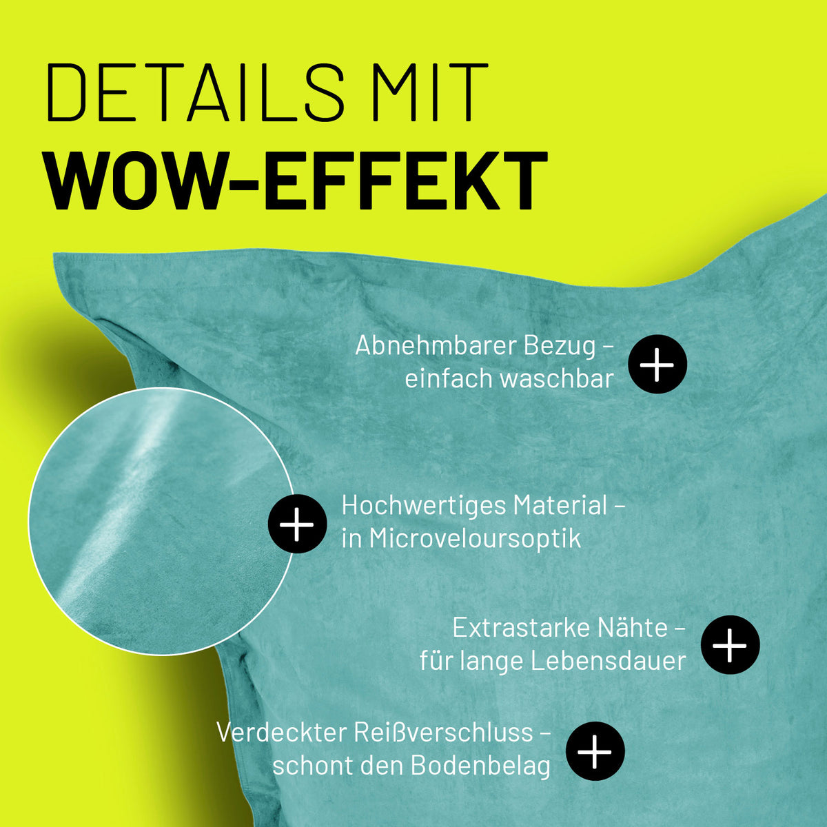 XXL Microvelours Sitzsack (380L) Türkis mit abnehmbarem Bezug, hochwertigem Material, extrastarken Nähten und verdecktem Reißverschluss.