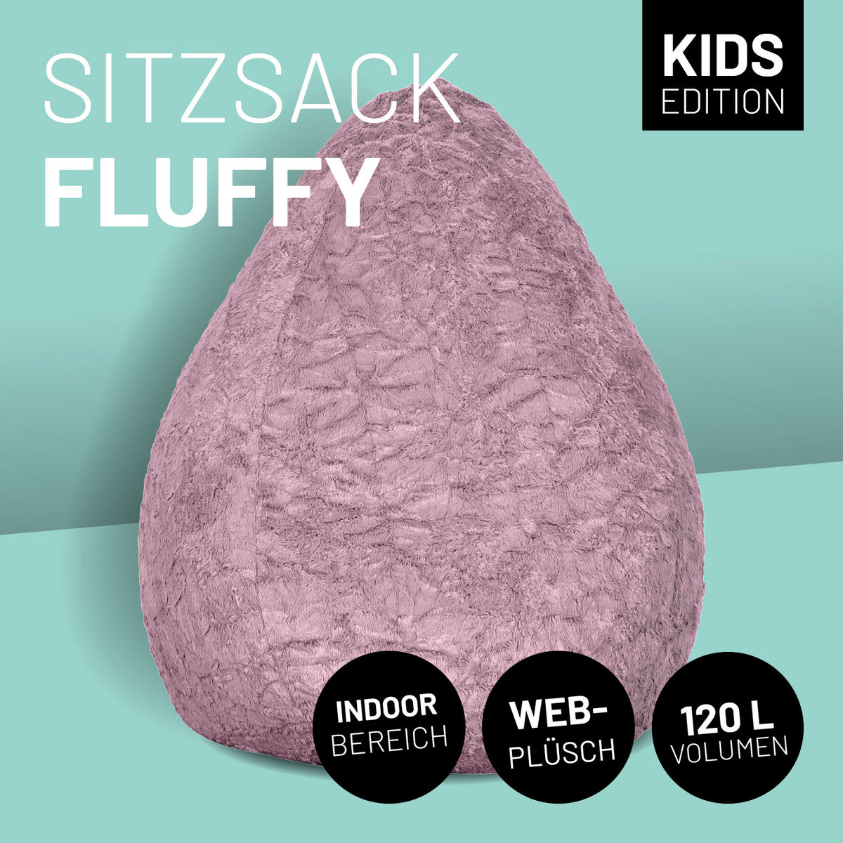 Luxury Fluffy Sitzsack (120 L) Pastell Pink aus weichem Webplüsch, geruchsneutral, robust und ideal für den Indoor-Bereich.
