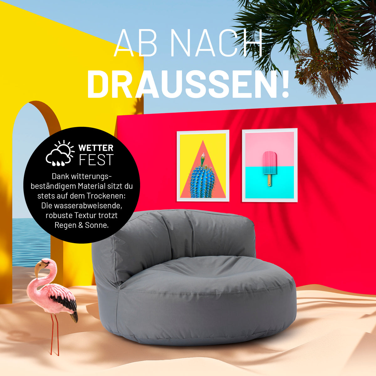 Sitzsack Lounge (320 L) - Grau, wetterfest, robust, für drinnen und draußen, leicht zu reinigen, mit verdecktem Reißverschluss und hochwertiger EPS-Füllung.