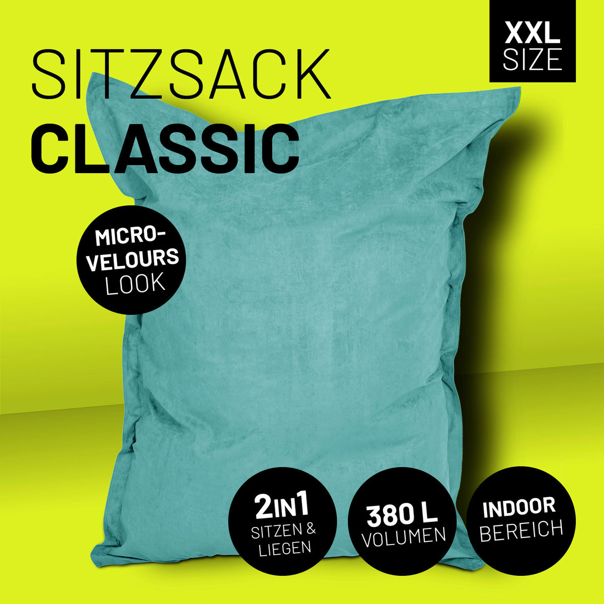 XXL Microvelours Sitzsack (380L) - Türkis, großer, bequemer Sitzsack für Indoor mit 380L Füllung, Microvelours-Look, 2in1 Sitz- und Liegefunktion.
