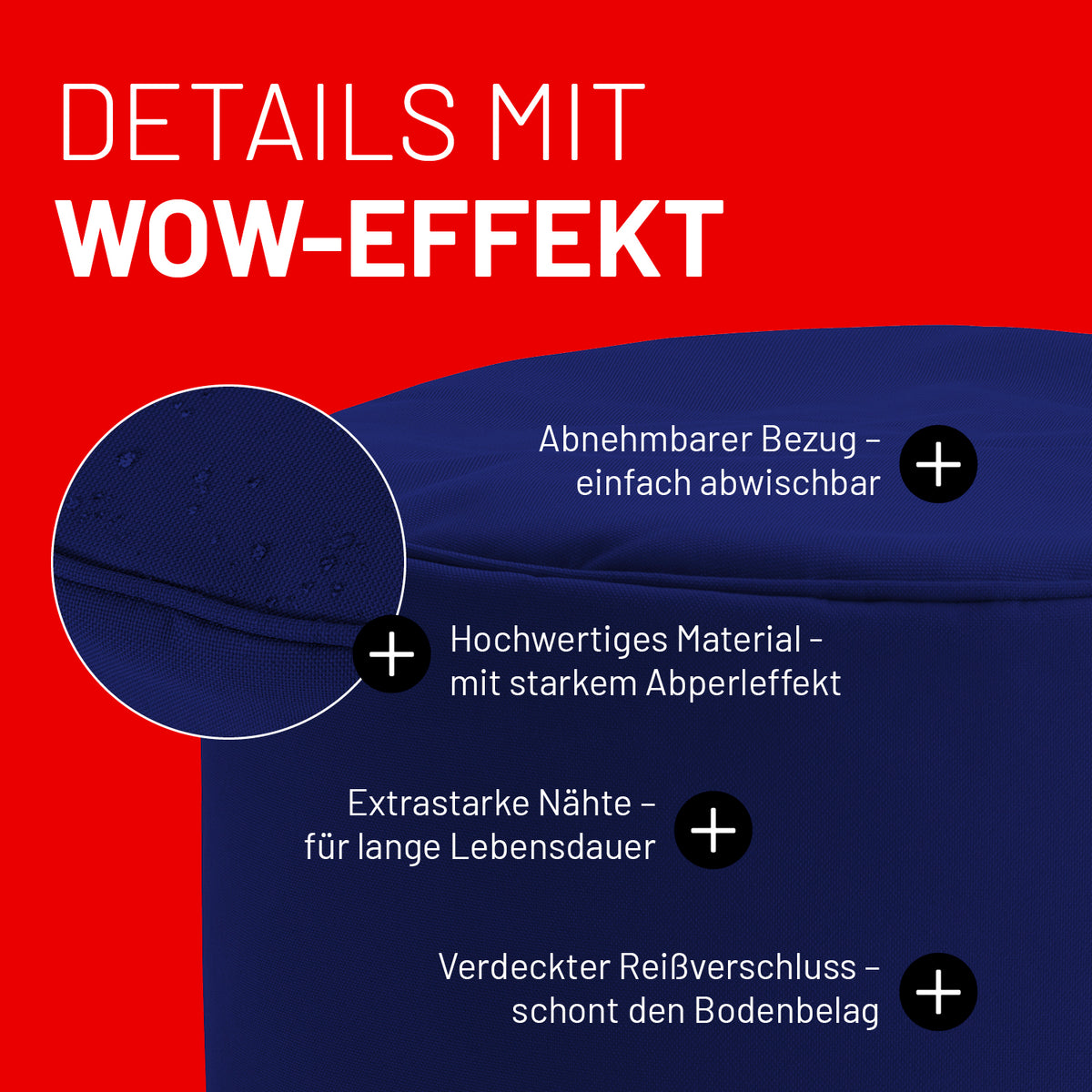 Sitzsack-Hocker/Pouf (50 L) Navyblau mit abnehmbarem Bezug, starkem Abperleffekt, extrastarken Nähten und verdecktem Reißverschluss.