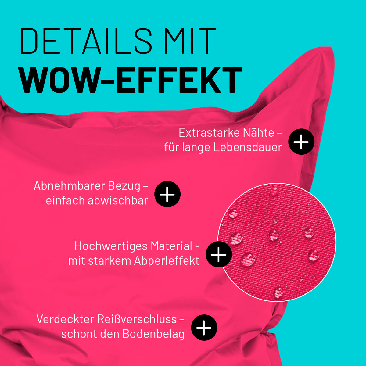 Sitzsack Classic XXL (380 L) in Pink mit abnehmbarem Bezug, starkem Abperleffekt, extrastarken Nähten und verdecktem Reißverschluss.