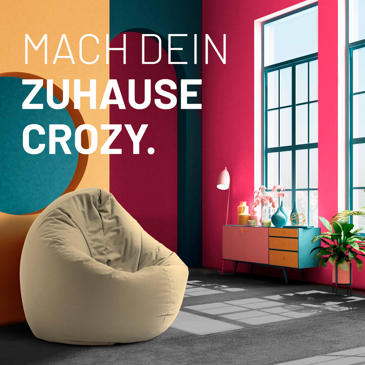 Sitzsack Drops (300 L) Beige in modernem Wohnzimmer, multifunktional für drinnen & draußen, leicht, robust mit hochwertiger EPS-Füllung.