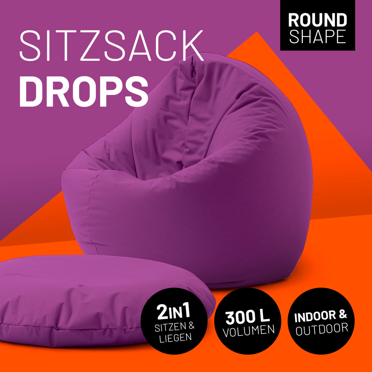 Sitzsack Drops (300 L) lila, modern, langlebig, indoor & outdoor, 2in1 Sitz- und Liegekomfort, pflegeleicht, mit verdecktem Reißverschluss.