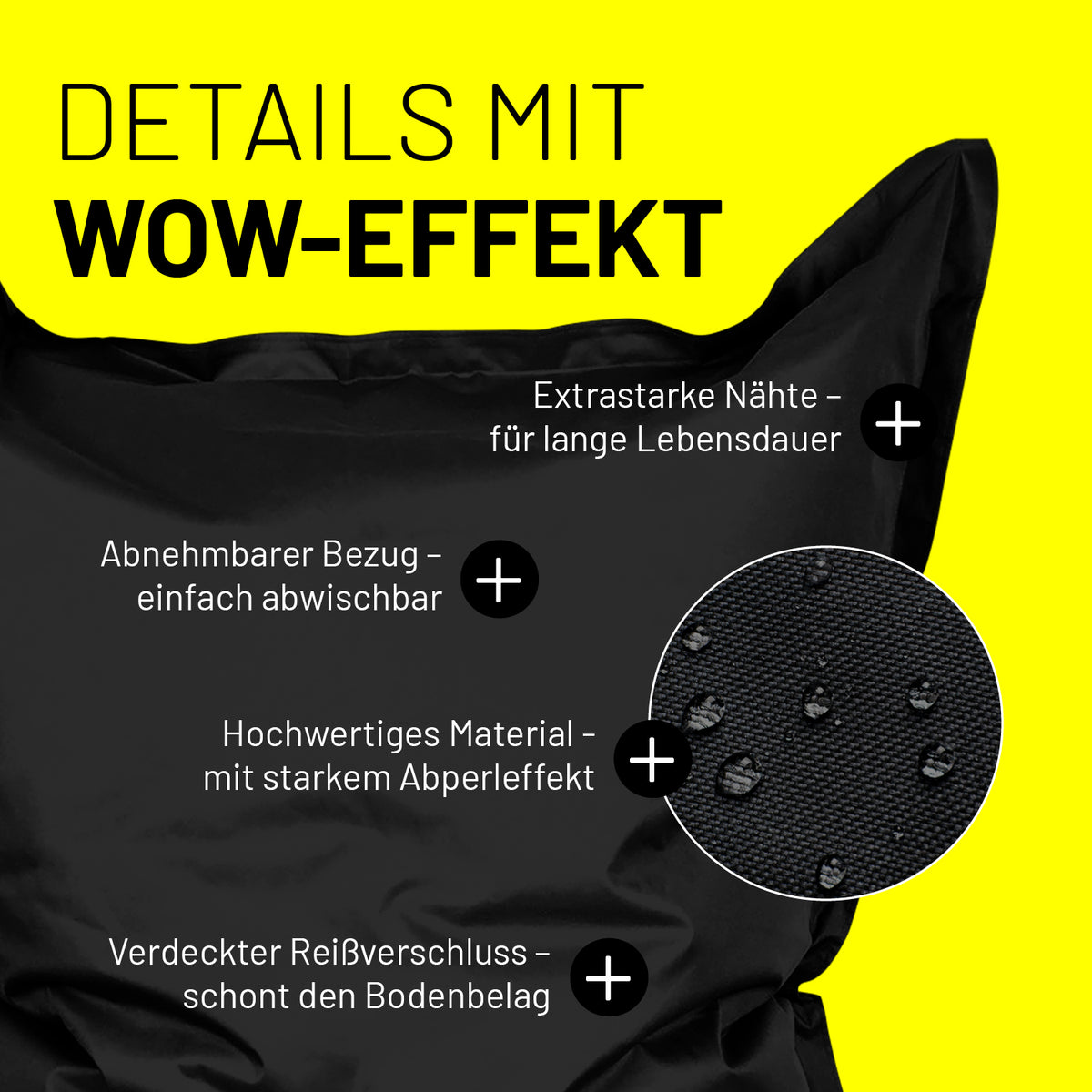 Sitzsack Classic XXL (380 L) - Schwarz mit abnehmbarem Bezug, starkem Abperleffekt, extrastarken Nähten und verdecktem Reißverschluss.