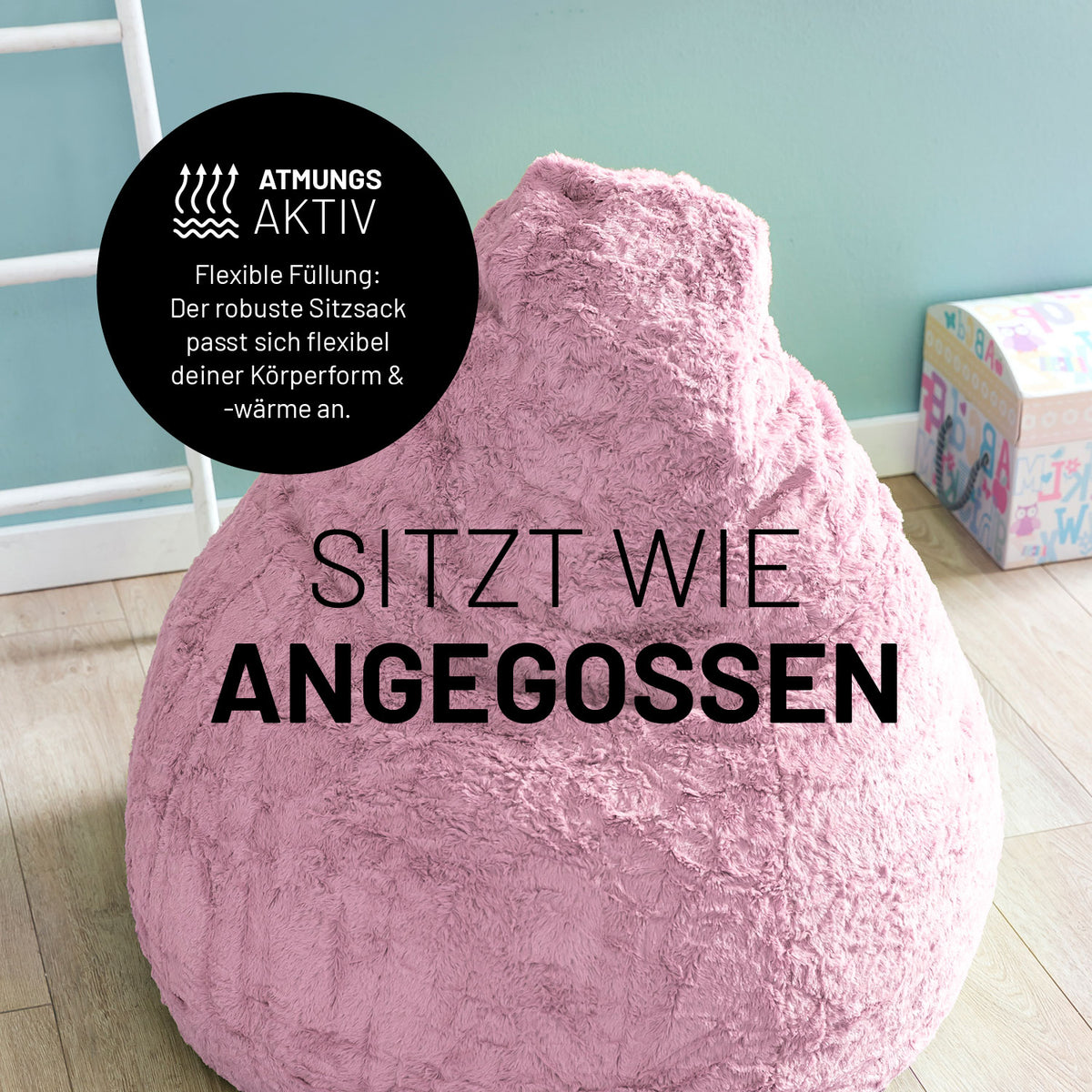 Luxury Fluffy Sitzsack (120 L) Pastellrosa mit weichem Webplüsch und flexibler Füllung für perfekte Anpassung an Körperform.