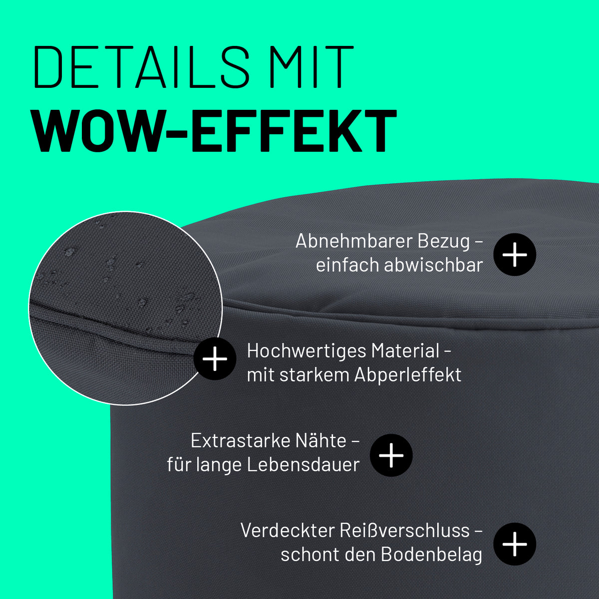 Sitzsack-Hocker/Pouf (50 L) Stahlgrau mit abnehmbarem Bezug, abperleffekt, extrastarken Nähten und verdecktem Reißverschluss für in- & outdoor.