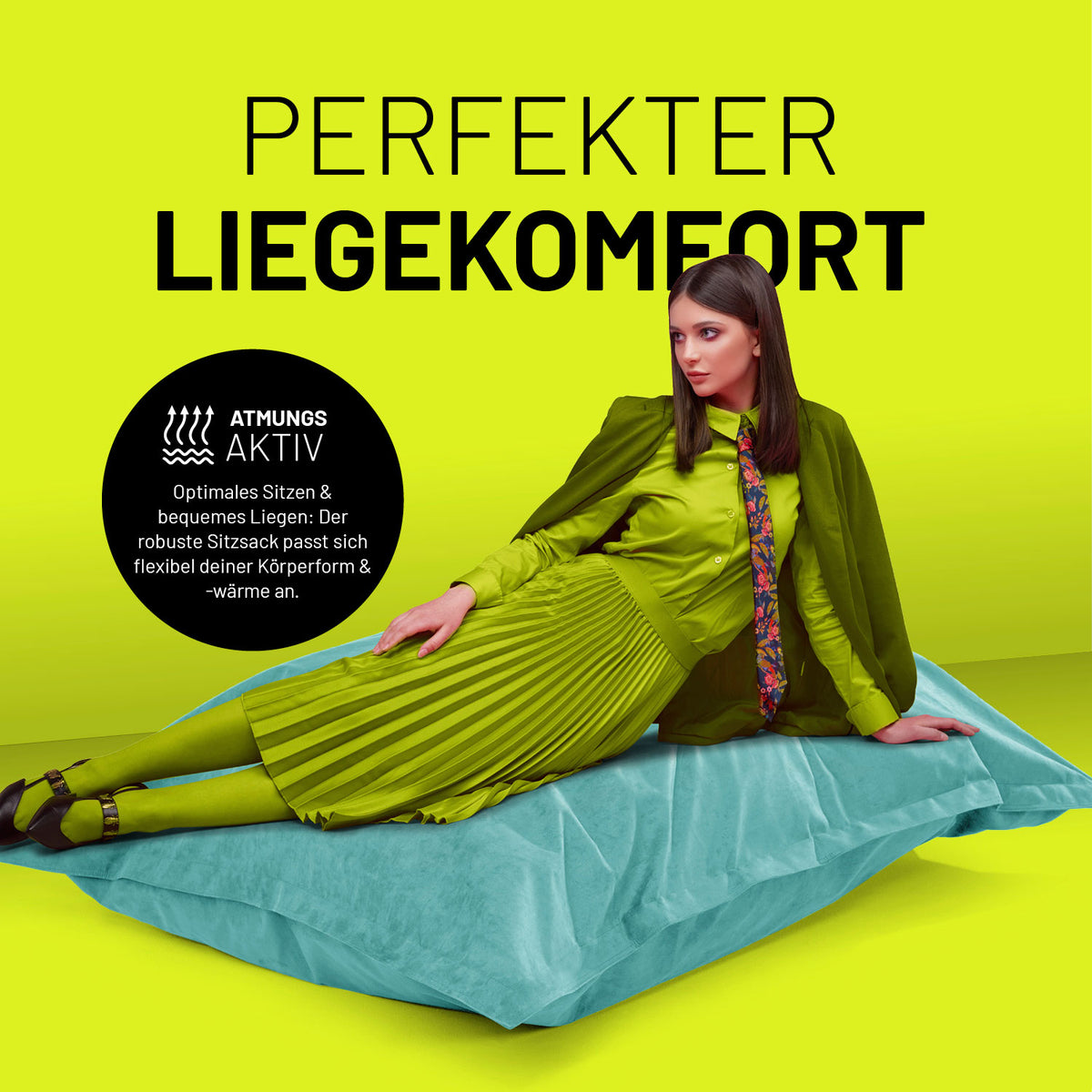 XXL Microvelours Sitzsack (380L) - Türkis, großes Sitzkissen für drinnen, bequem und atmungsaktiv, ideal zum Entspannen und Liegen.
