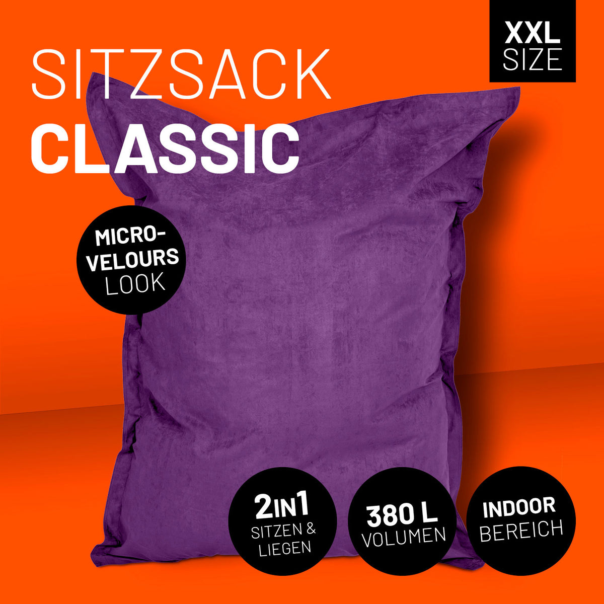 XXL Microvelours Sitzsack (380 L) lila, wasserfest, 140x180 cm, indoor, komfortable Alternative zu Sofa und Sessel.