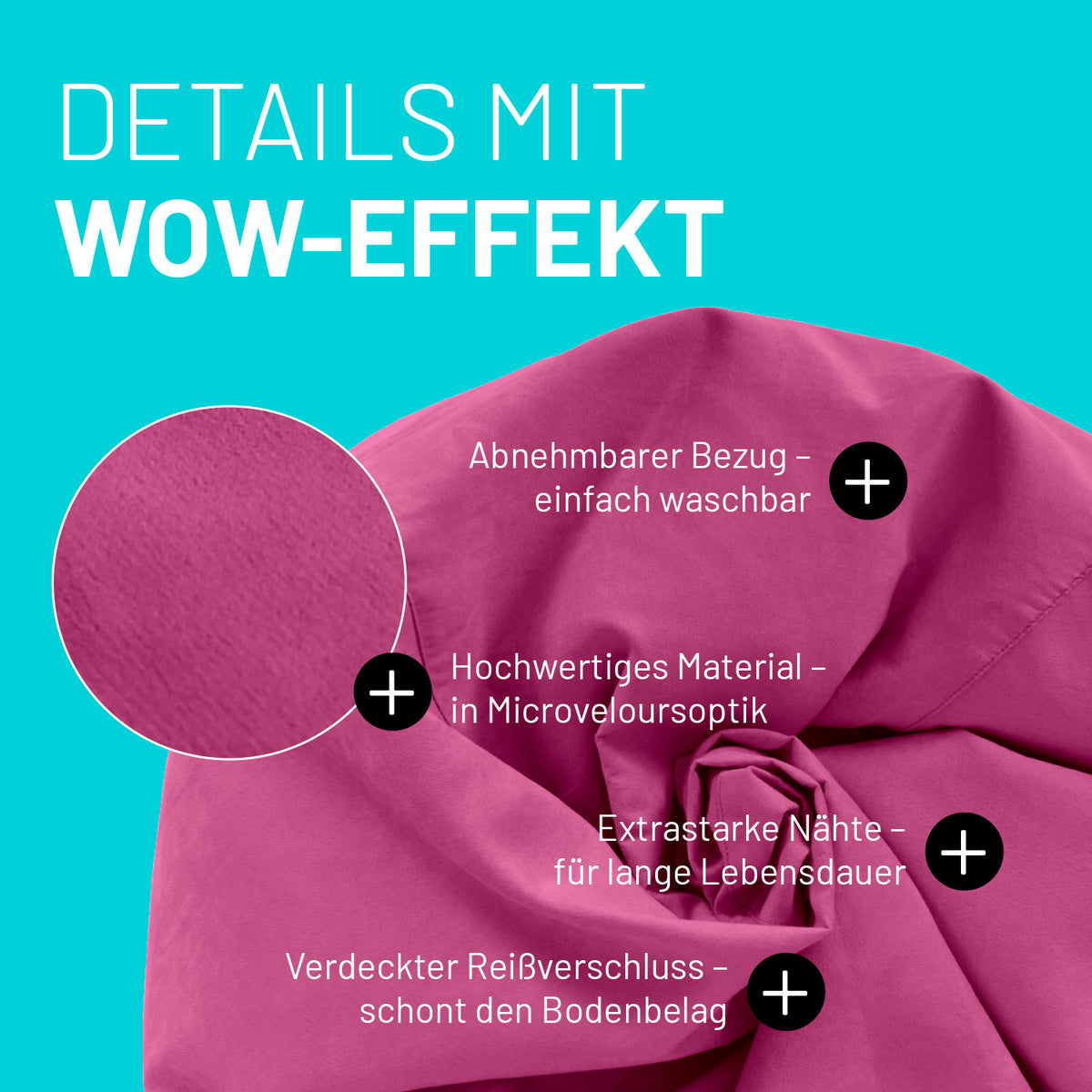 Luxury XL PLUS Sitzsack (220 L) in Pink mit abnehmbarem, waschbarem Bezug aus hochwertigem Microveloursmaterial.