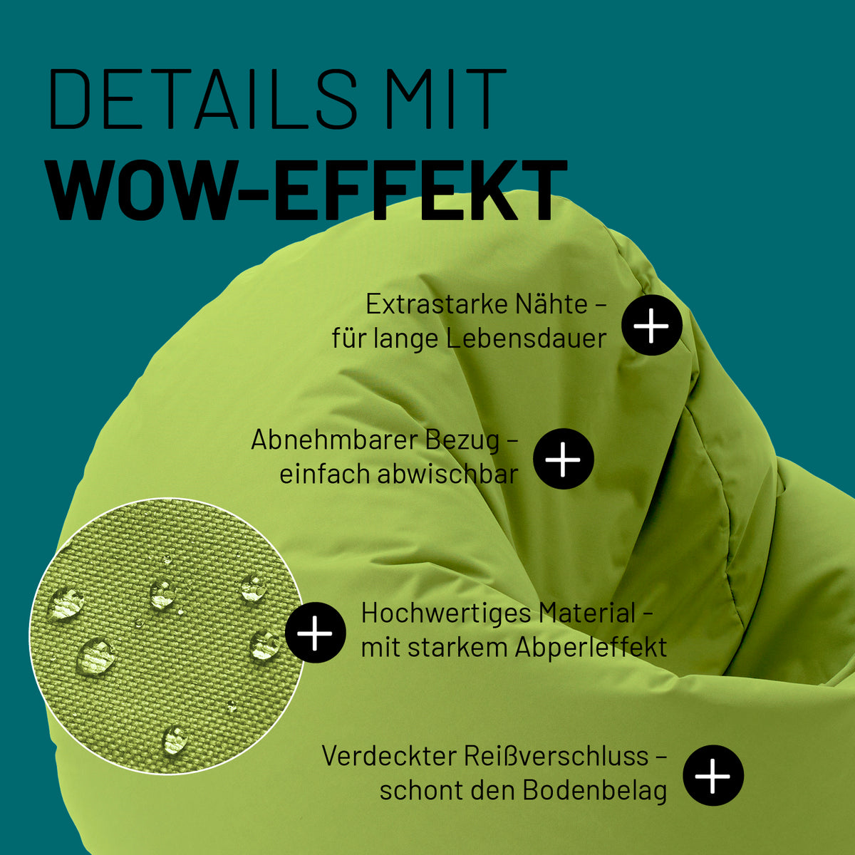 Sitzsack Drops (300 L) Grün mit extrastarken Nähten, abnehmbarem Bezug, Abperleffekt und verdecktem Reißverschluss für drinnen und draußen.