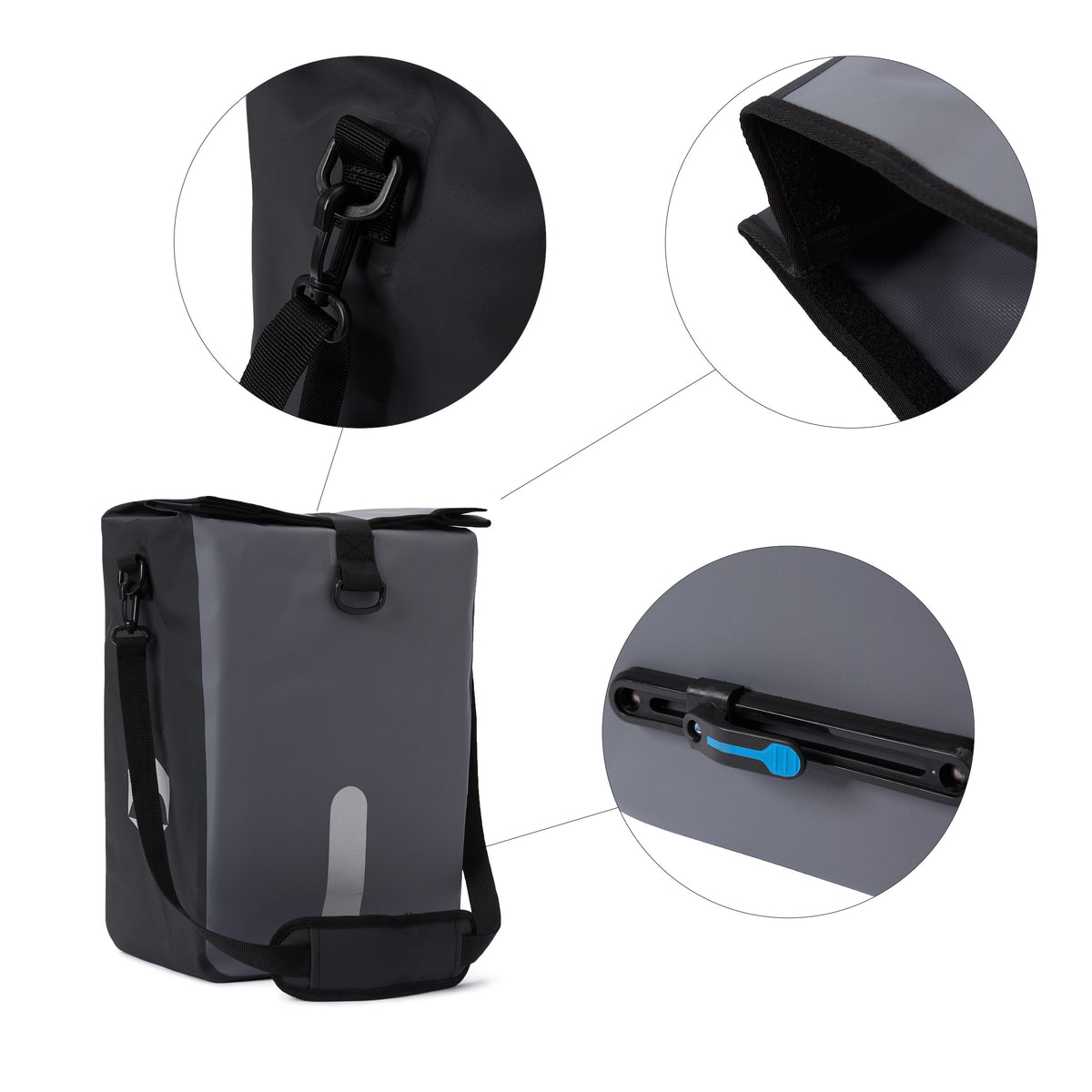 Wasserdichte Fahrradtasche Roll-Top - 21 L - Grau mit Schnellverbindungssystem, Reflektor und abnehmbarem Schultergurt.
