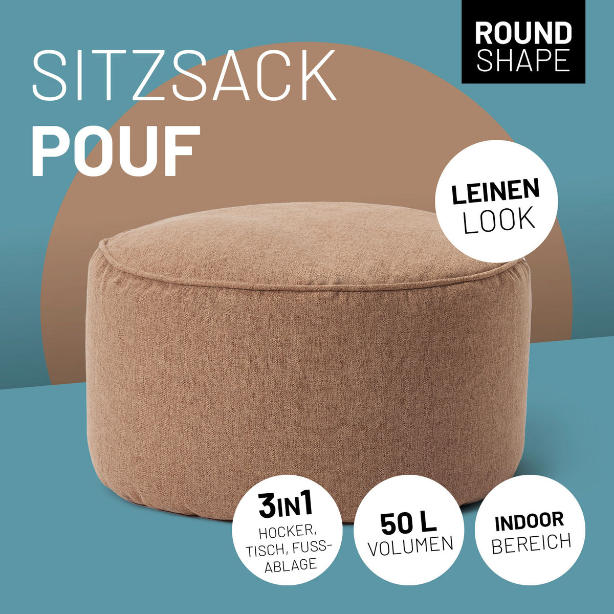 Comfort Line Sitzsack-Hocker/Pouf (50 L) Braun, indoor, leinen Look, vielseitig als Hocker, Tisch und Fußablage, 100% Polyester, modern.