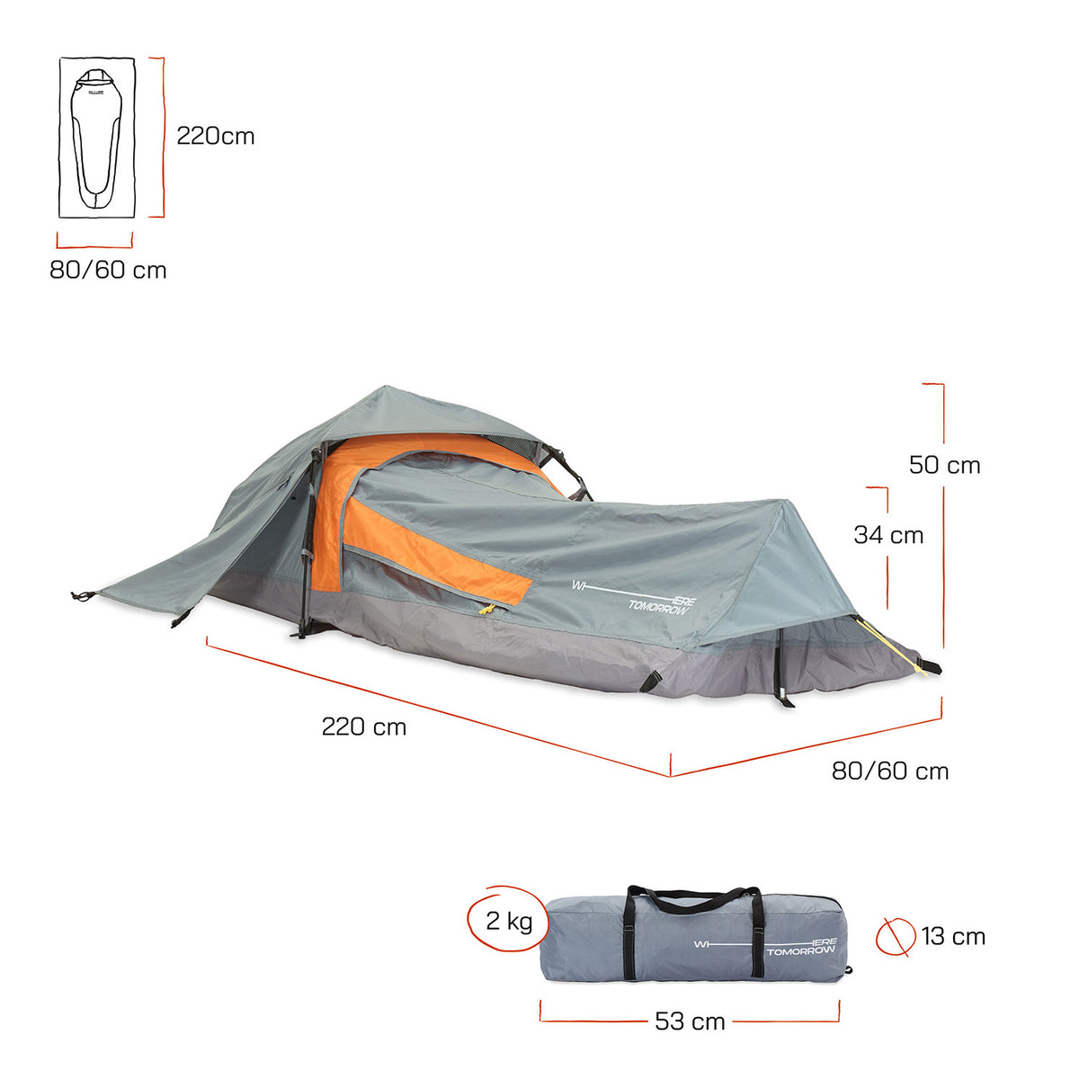 1-Personen-Zelt - Rechteck - 220x80x50 cm - Grau, ultraleichtes Wanderzelt mit schnellem Quick Up Aufbau und optimalem Wetterschutz von Where Tomorrow.