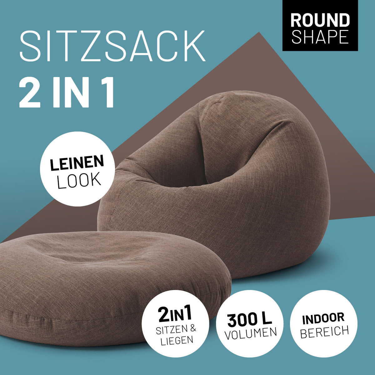 Sitzsack Interior Line (300 L) Braun, 2-in-1 Indoor Sitzsack mit weichem Leinenlook, rund und flexibel für gemütliches Sitzen und Liegen.