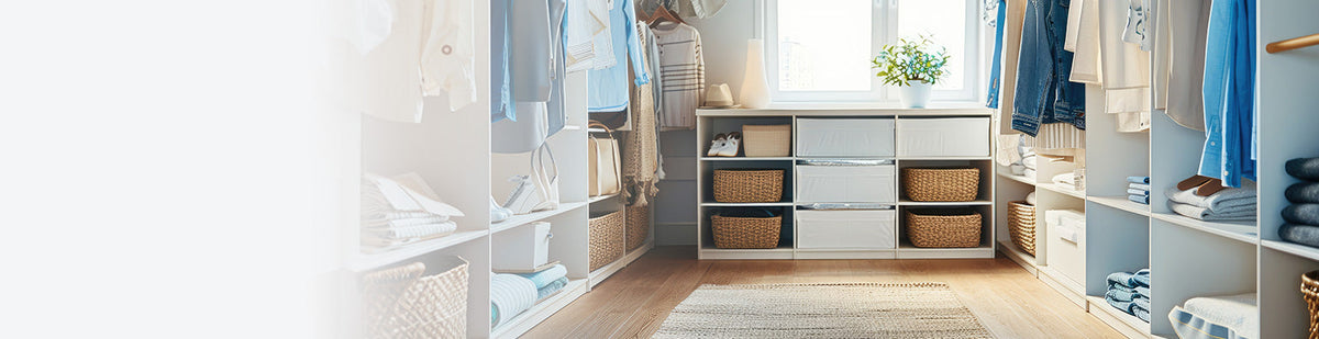 Ein begehbarer Kleiderschrank mit Aufbewahrungskörben, Kisten und hängenden Kleidern. 
