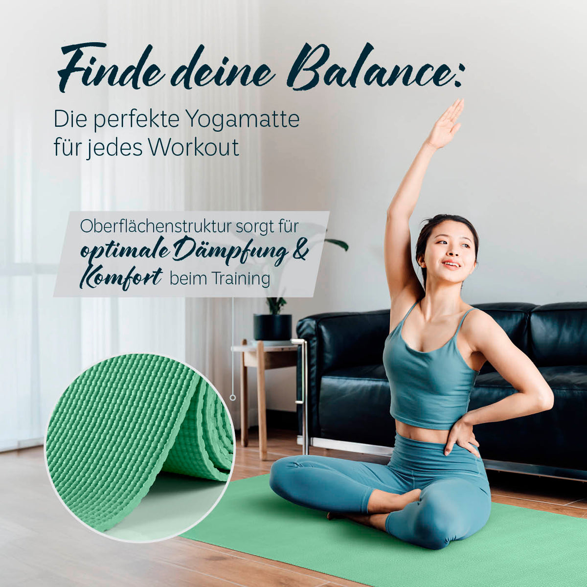 Yogamatte Kirana - 183 x 61 x 0,4 cm Mint mit weicher Oberfläche für optimale Dämpfung und Komfort beim Training.