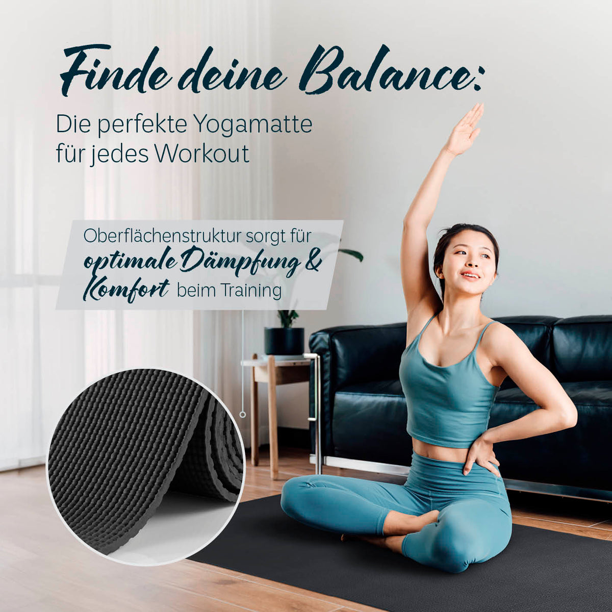 Yogamatte Kirana - 183 x 61 x 0,4 cm - Schwarz mit weicher Oberfläche für optimalen Komfort und Dämpfung beim Training.