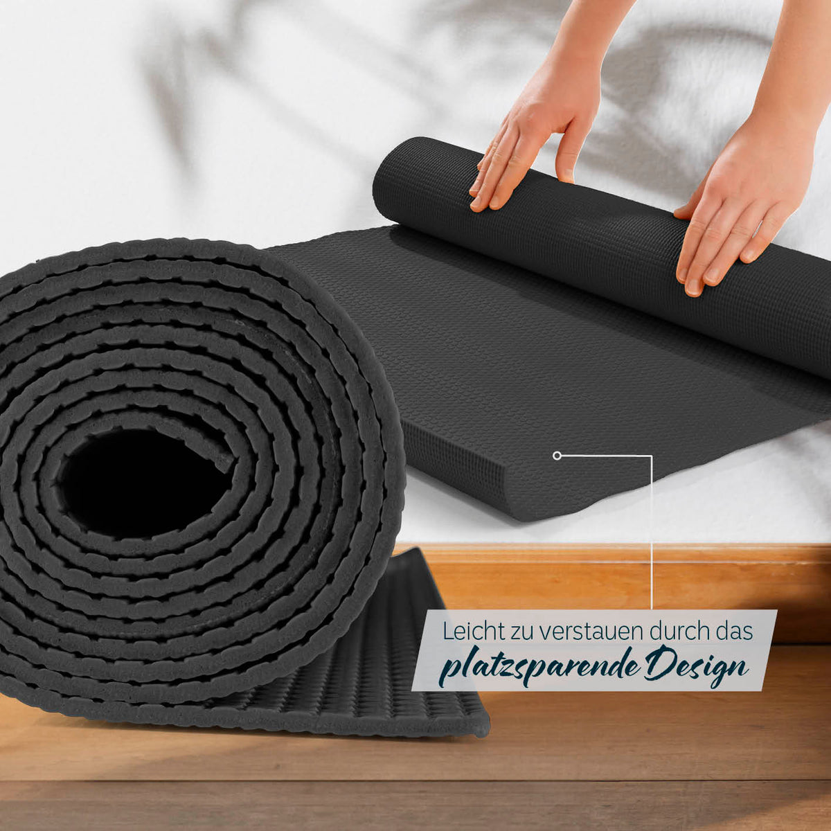 Yogamatte Kirana - 183 x 61 x 0,4 cm - Schwarz, platzsparend, weich, rutschfest und pflegeleicht für Pilates und Fitness.